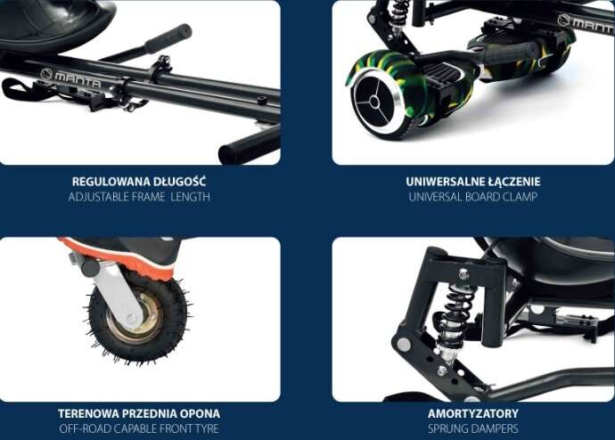 Zbliżenia pokazujące szczegóły hoverboardu do jazdy w terenie z etykietami tekstowymi.