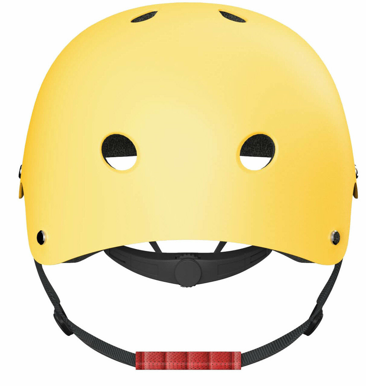 Żółty kask z czarnymi paskami i czerwoną osłoną paska, widok z przodu.