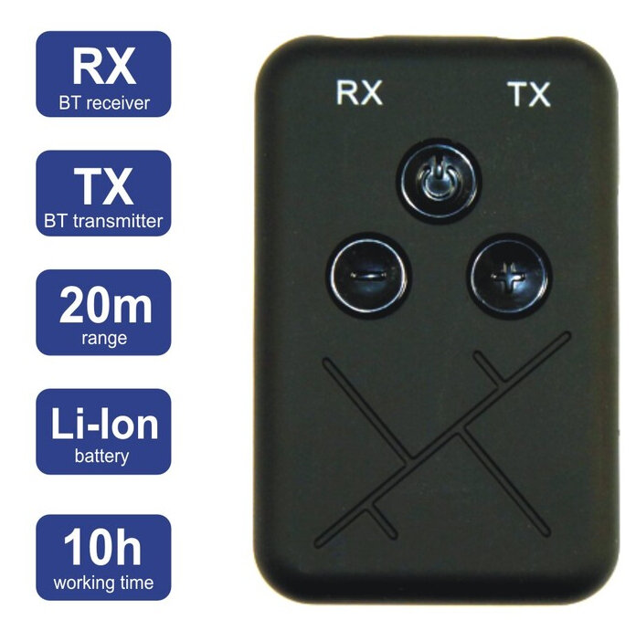Czarny pilot z przyciskami i etykietami tekstowymi. Posiada tekst RX i TX z zasięgiem 20 m, baterię Li-ion i 10h.