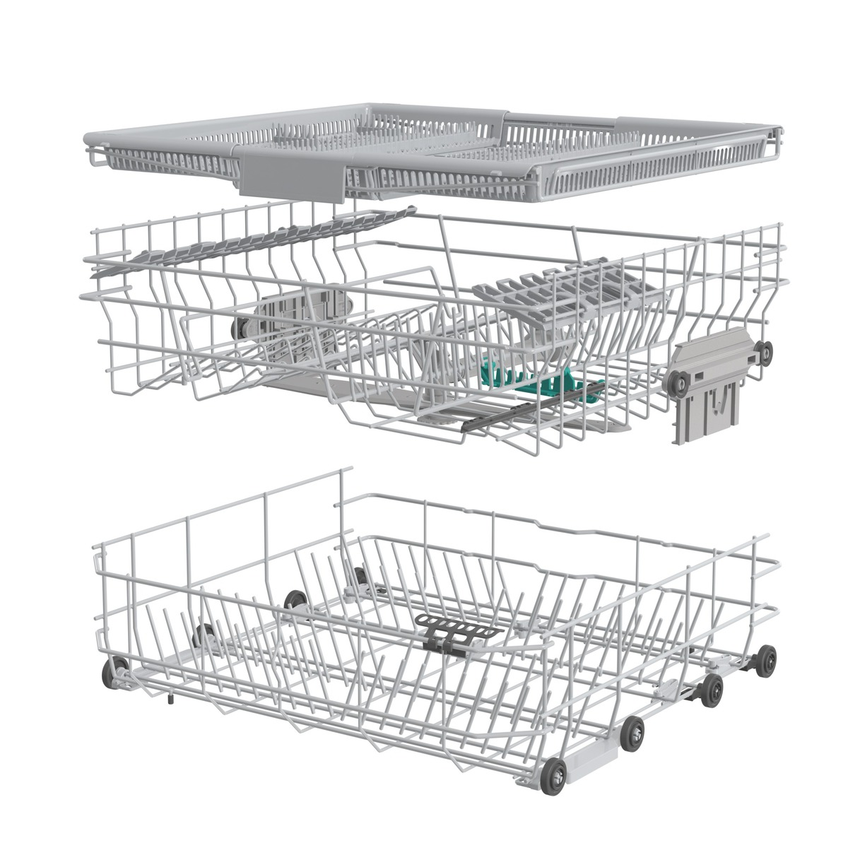 Drei Geschirrspülkörbe: oben, mitte und unten, alle grau.