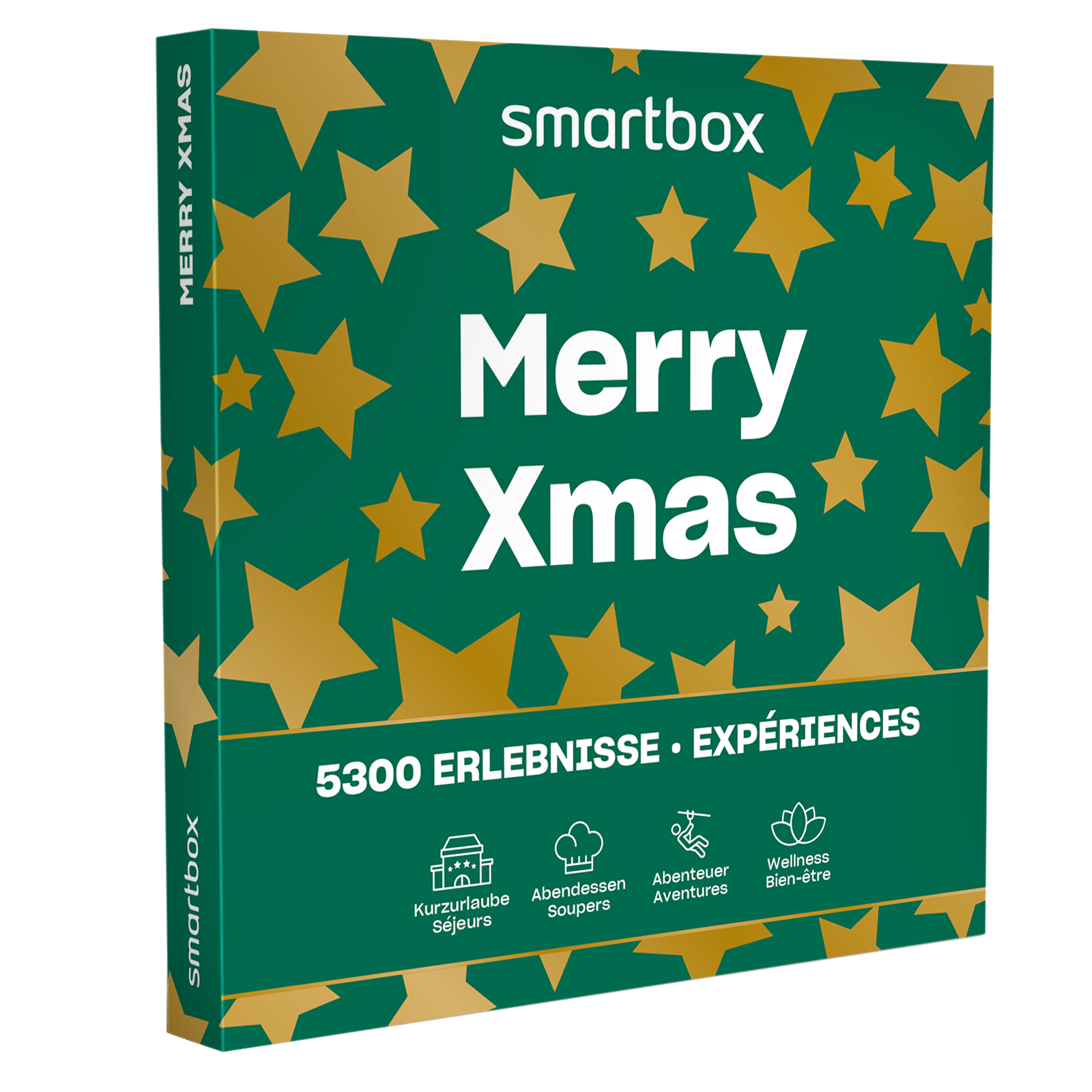 Eine grün-goldene Geschenkbox. Auf der Box steht 'Merry Xmas' in großen Buchstaben und Sterne sind darauf.