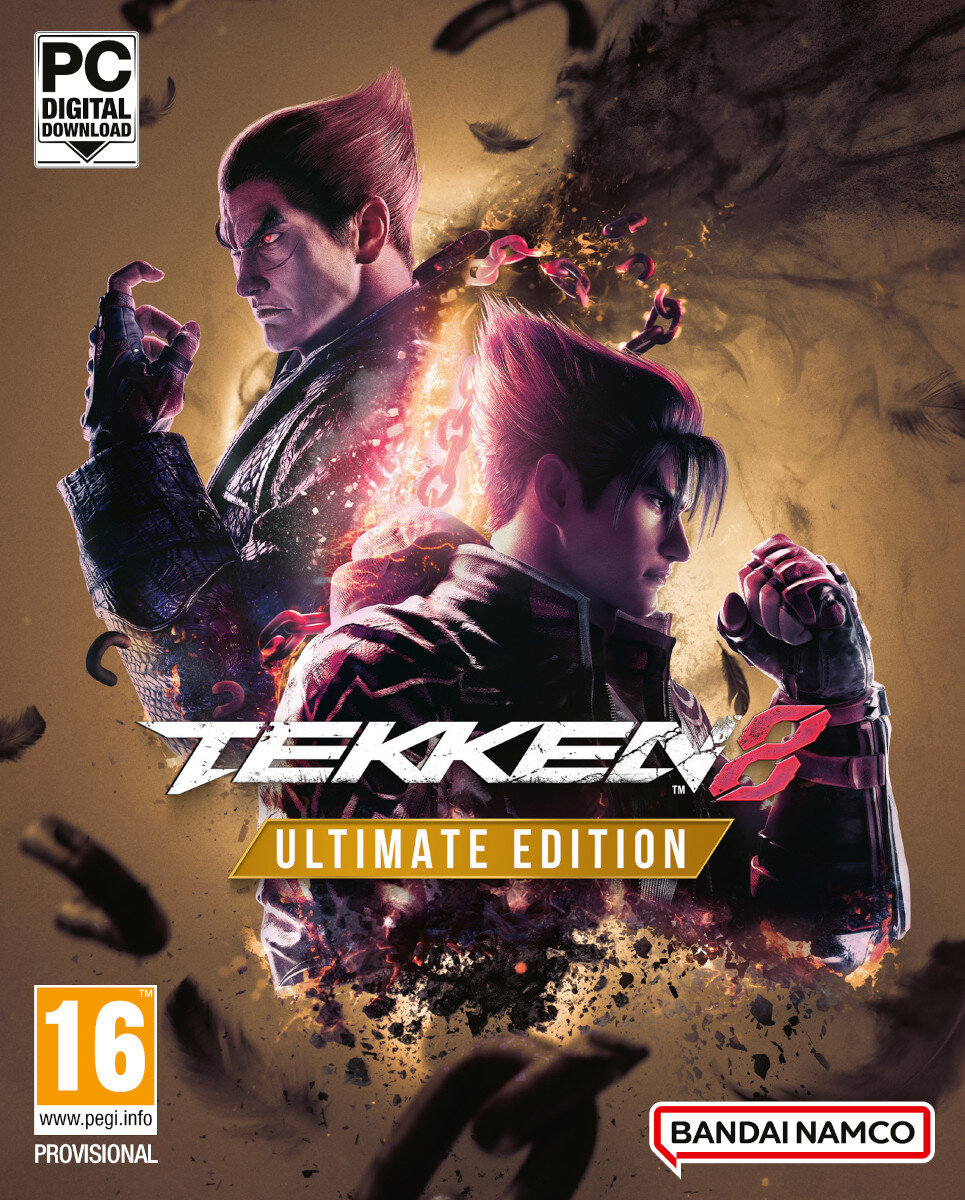 Okładka gry Tekken 8 Ultimate Edition z dwoma postaciami w dynamicznej pozie walki, na ognistym tle.