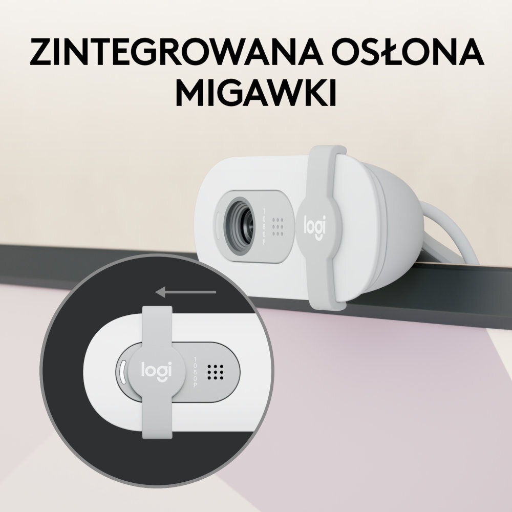 Kamera internetowa z osłoną, zbliżenie pokazujące działanie otwierania/zamykania.