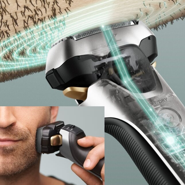 Zbliżenie głowicy golarki z ostrzami. Mężczyzna goli twarz we wstawce.