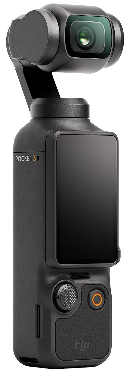 Czarna kamera DJI Pocket 3. Wyświetla ekran i gimbal.