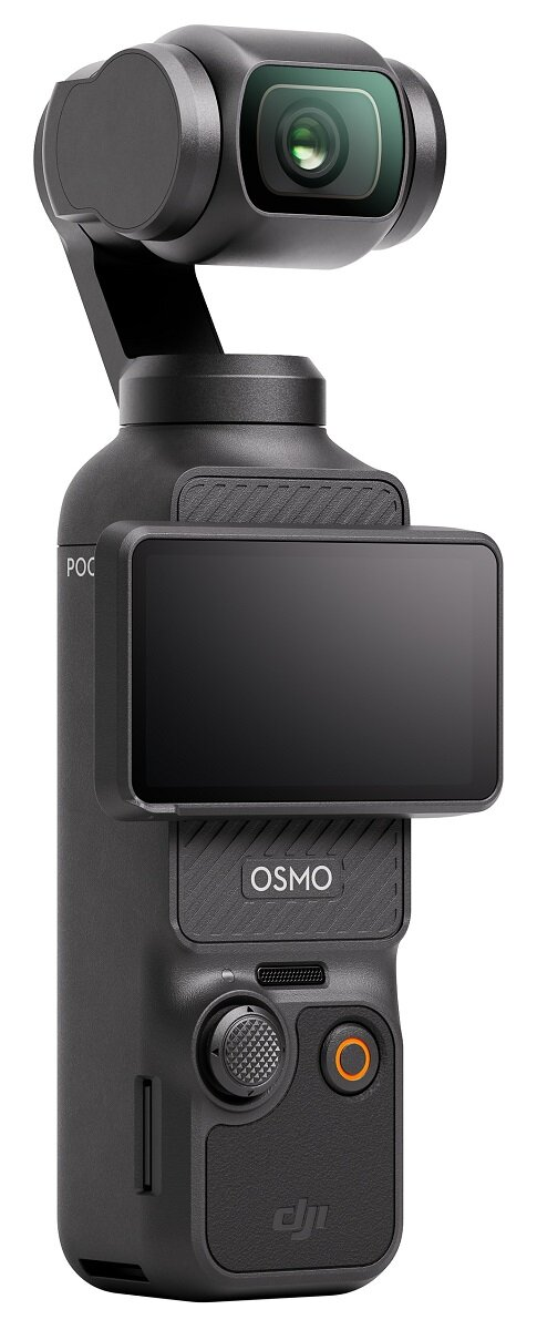 Czarna kamera ręczna z ekranem, obiektywem i przyciskami. Oznaczona 'OSMO' i 'DJI', na białym tle.