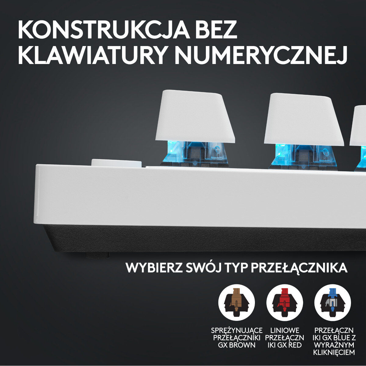 Zbliżenie klawiatury z białymi nakładkami na klawisze i niebieskim podświetleniem.