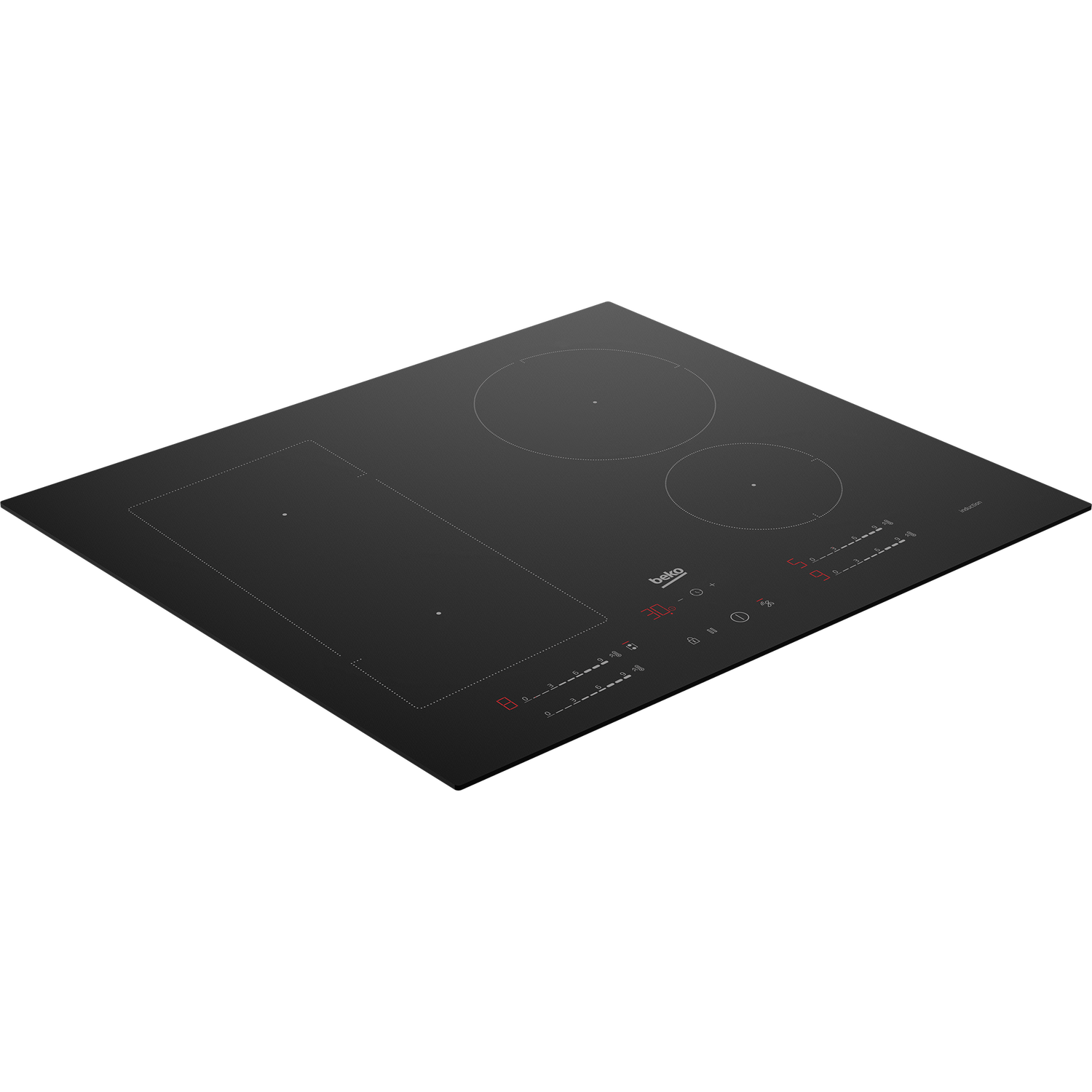 Black built-in induction hob with three cooking zones, top view.