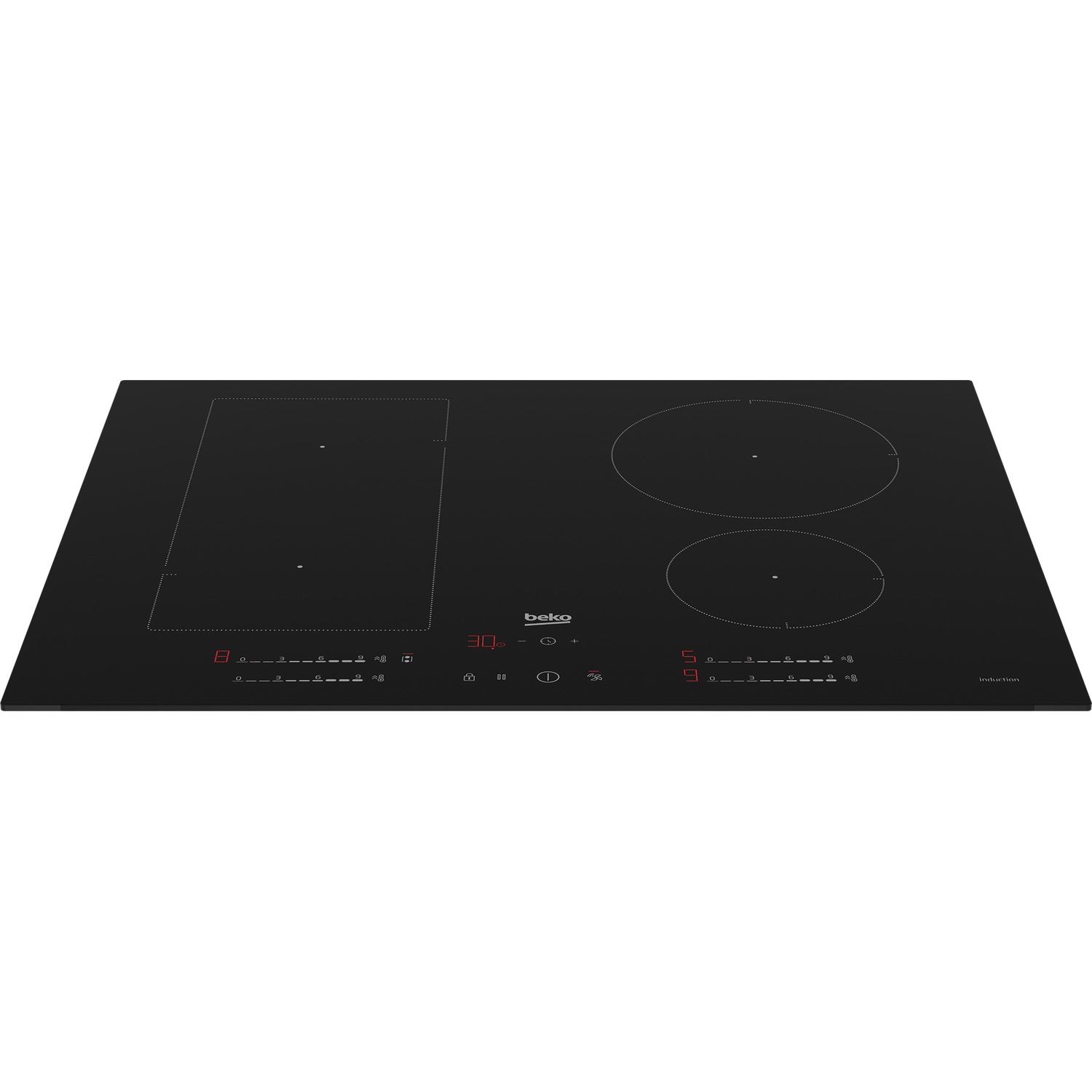 Black induction hob with three burners, digital display. White background.