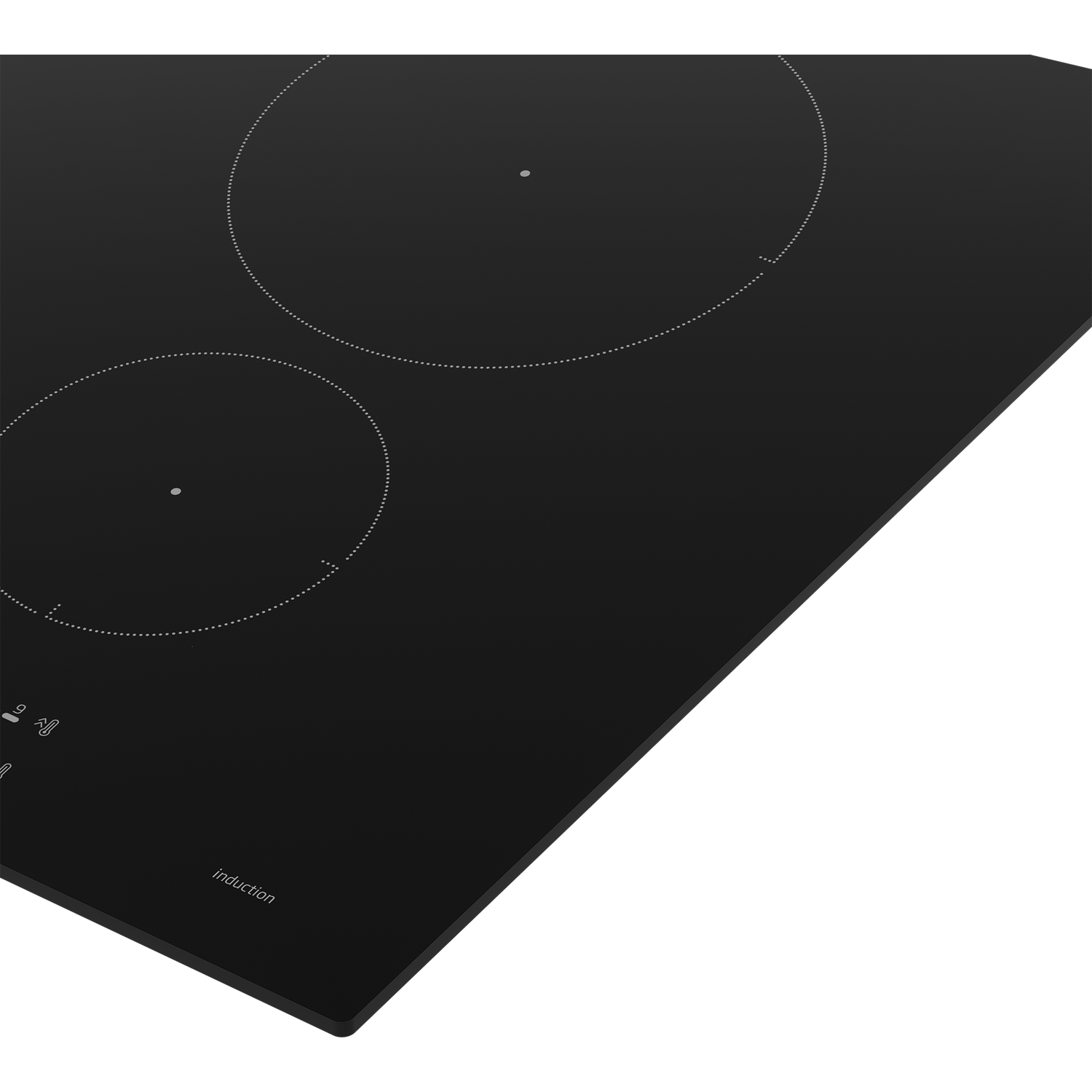 Close-up of a black induction cooktop with two circular induction zones.