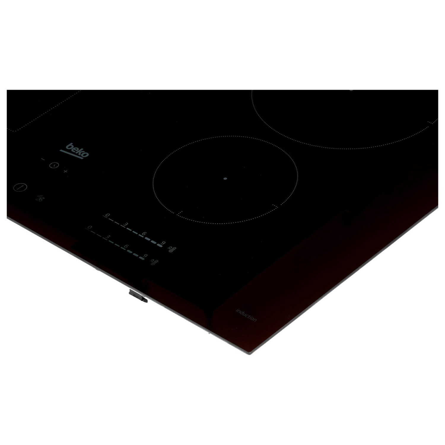 Black induction cooktop with three cooking zones and control panel.