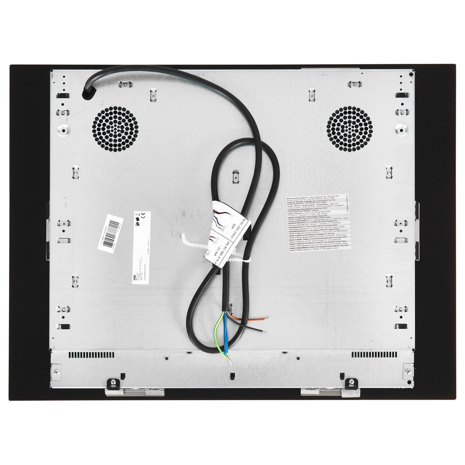 Back of a black induction cooktop. It has two fan vents and a lot of text and wiring. It has a black frame.
