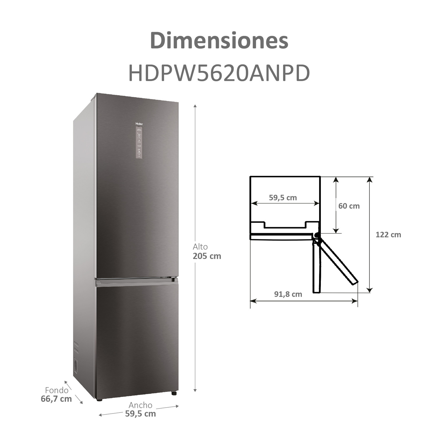 Nevera Haier con diagrama de dimensiones. Es una nevera de dos puertas en gris oscuro.