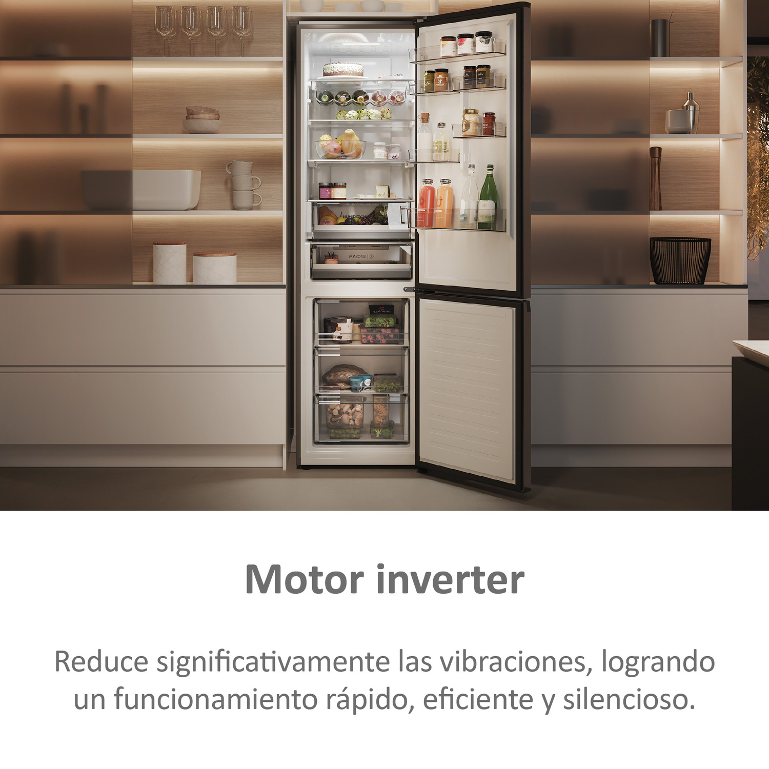 Refrigerador abierto con comida dentro, texto sobre el inversor del motor.