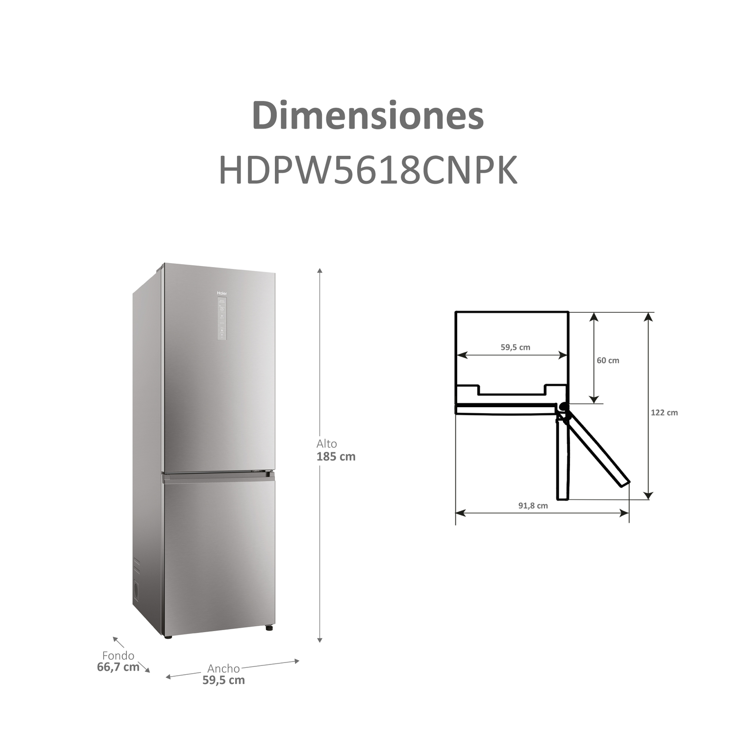 Refrigerador plateado con dimensiones y un diagrama.