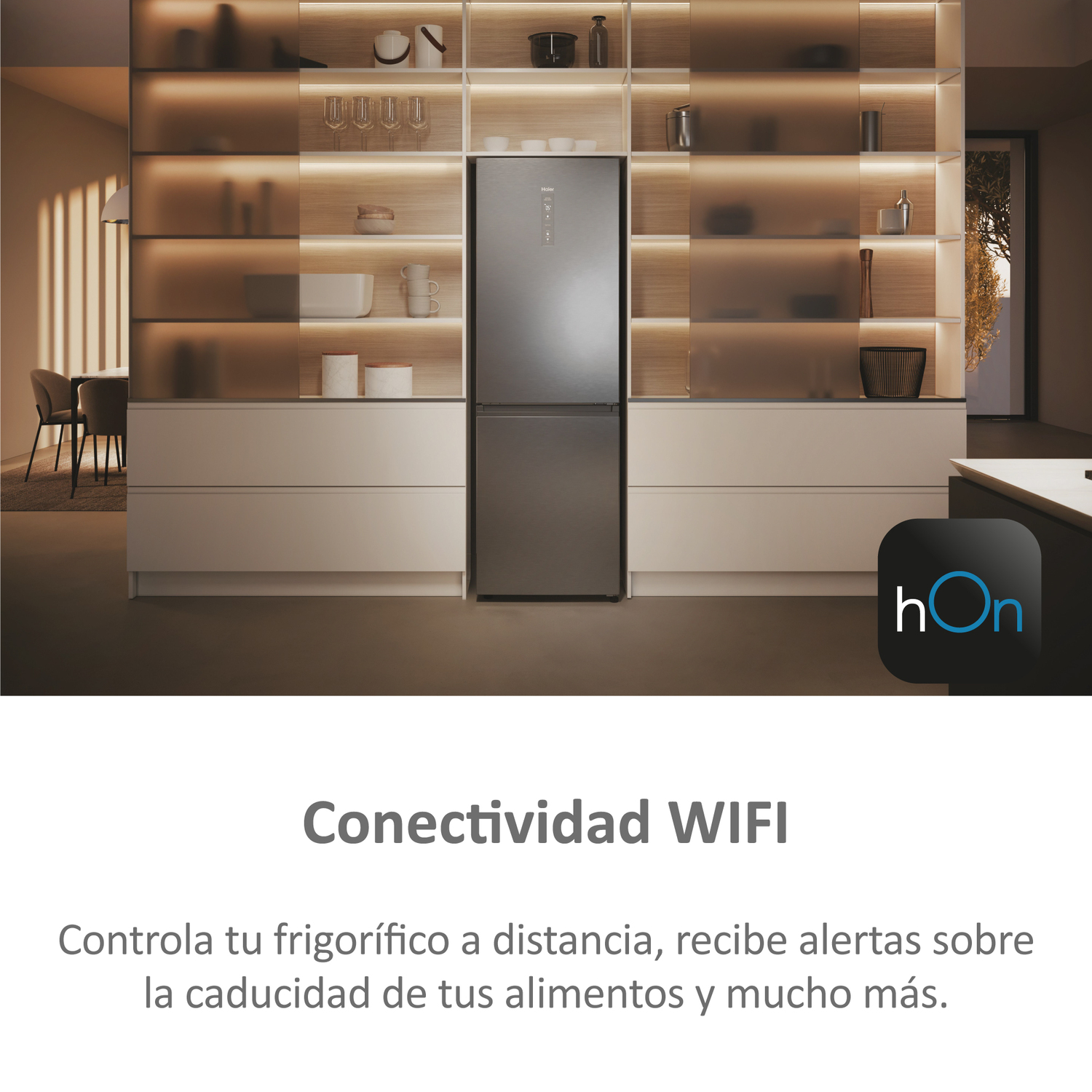 Cocina moderna con refrigerador de acero inoxidable, gabinetes y texto sobre conectividad WiFi en español.