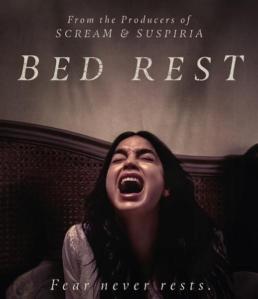 Filmposter voor 'Bed Rest' met een schreeuwende vrouw. Tekst: 'From the Producers of Scream & Suspiria'.