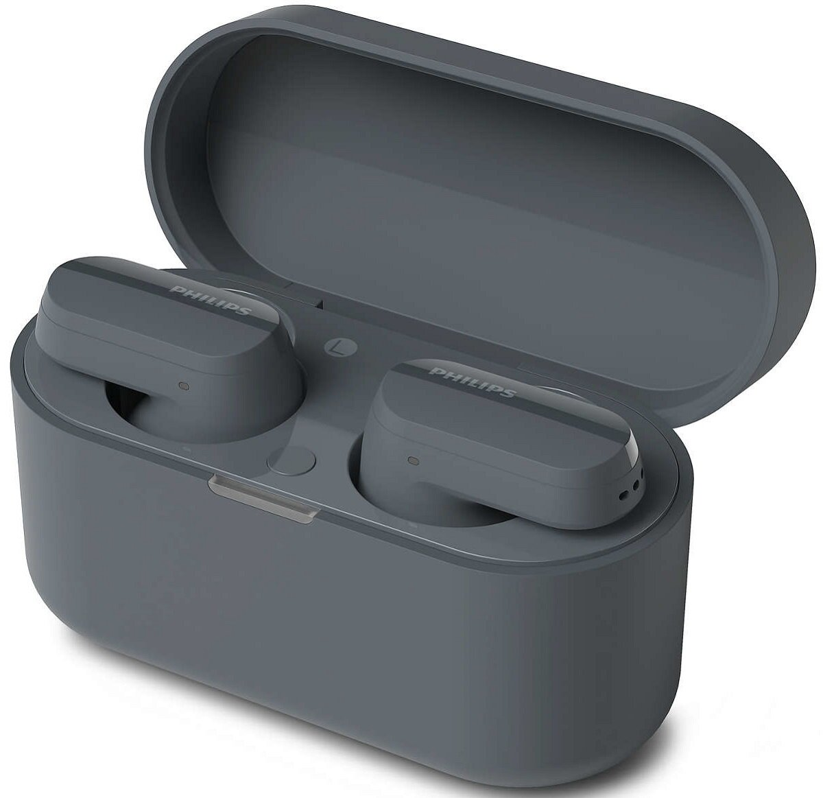 Szare, otwarte etui na słuchawki Philips z dwoma szarymi słuchawkami w środku, na białej powierzchni.