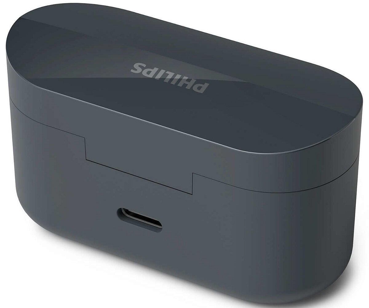 Zamknięte ciemnoszare etui na słuchawki Philips. Logo marki znajduje się na górze.