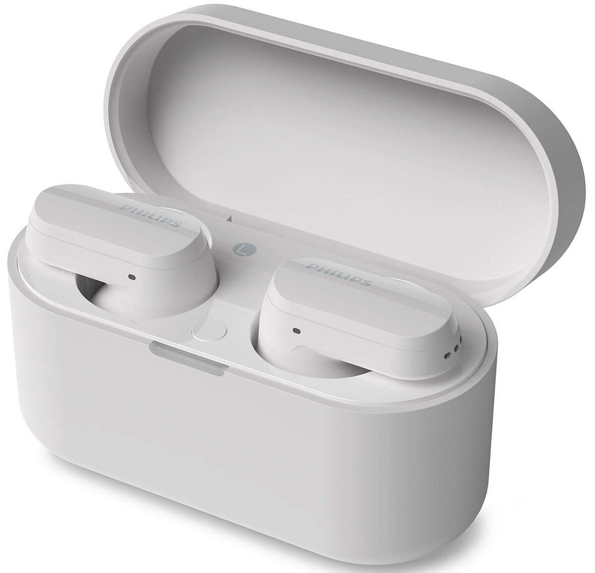Białe bezprzewodowe słuchawki douszne w białym etui ładującym. Widoczna marka Philips.