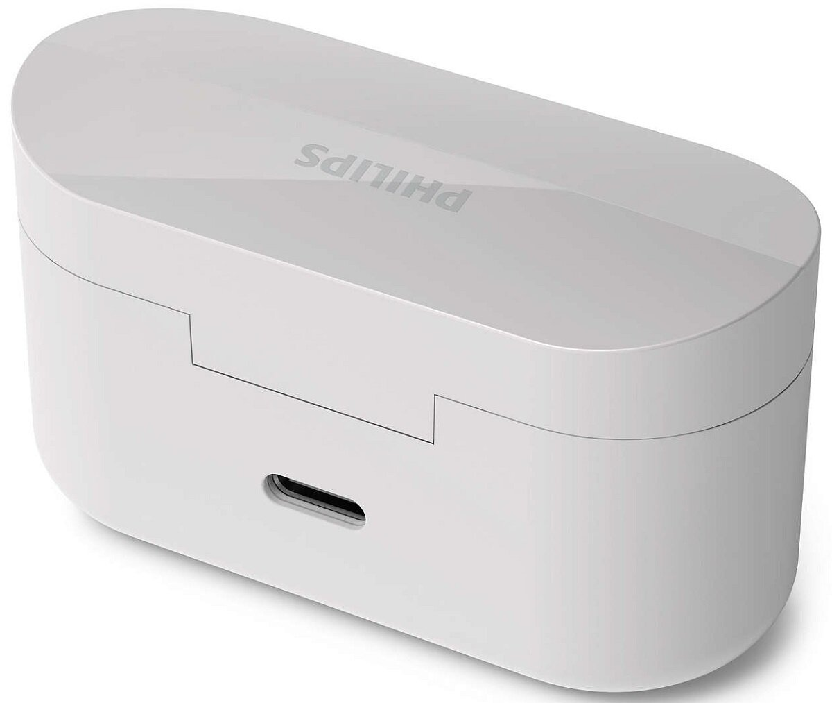 Białe, zamknięte etui na słuchawki. Nazwa Philips jest na górze etui, a na dole port USB.