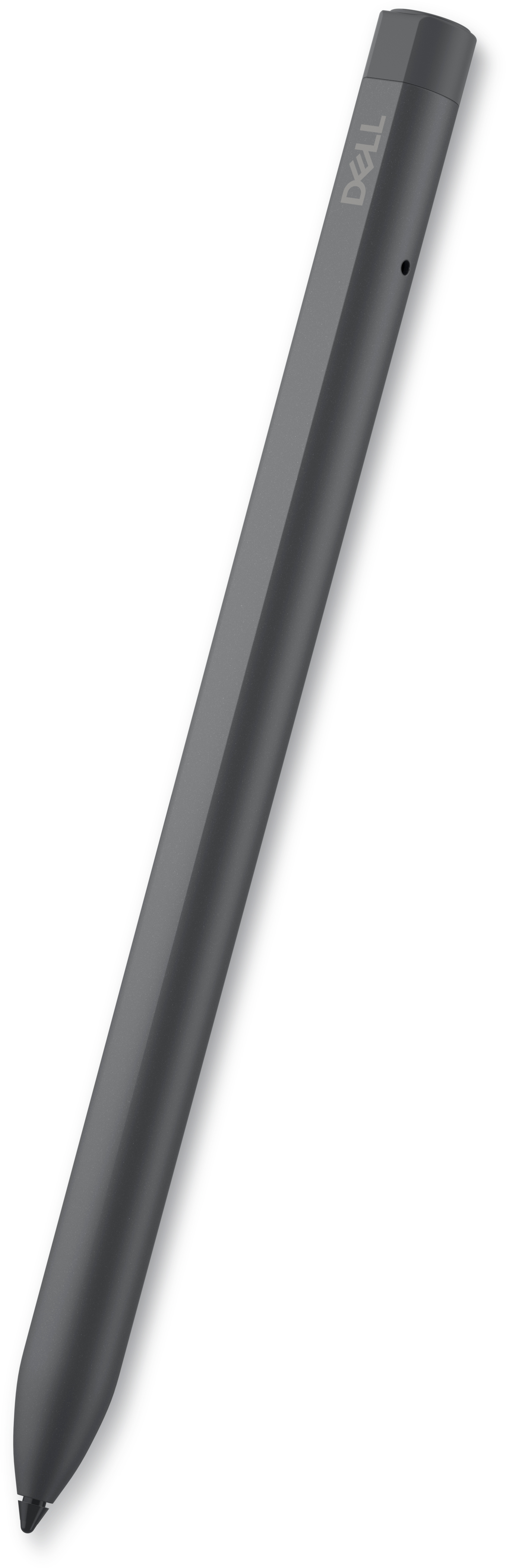 Ein grauer Dell-Stift, abgewinkelt, auf weißem Hintergrund. Das Dell-Logo ist sichtbar.
