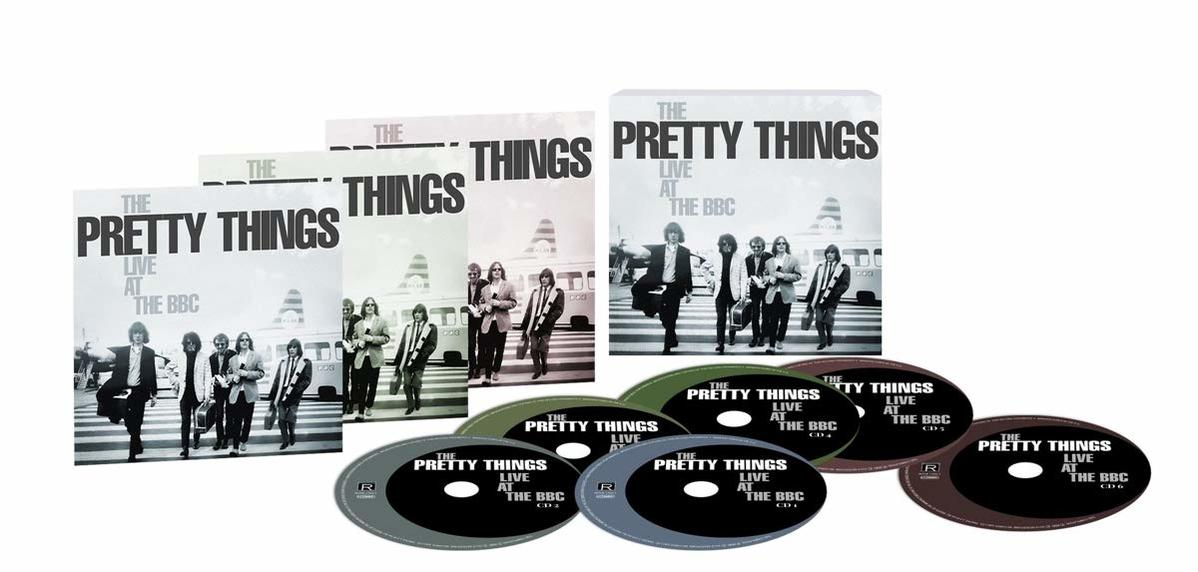 Albumcover und CDs von The Pretty Things 'Live at the BBC', verschiedene Designs mit Bandfotos.