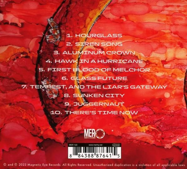 Album-Rückseite mit rotem und orangefarbenem abstraktem Hintergrund. Enthält Songtitel.