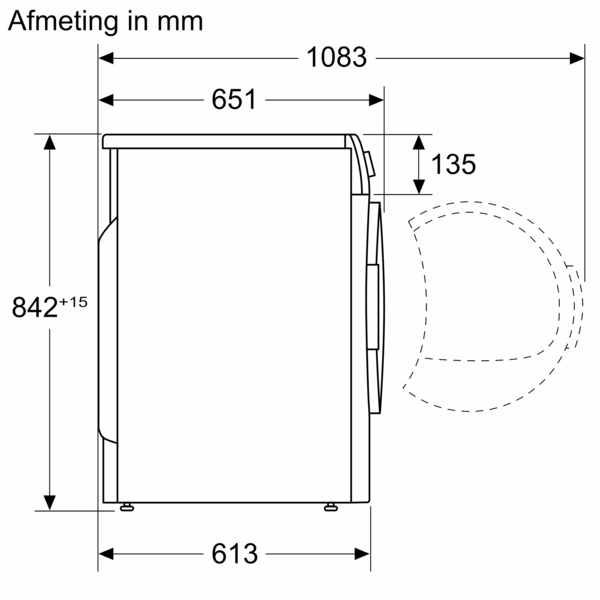 Schéma d'un lave-linge avec dimensions en mm.