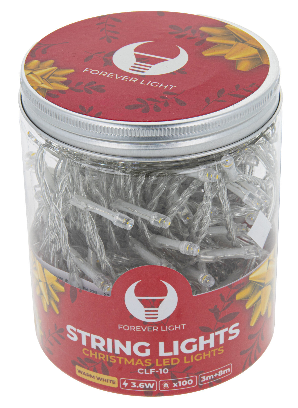 Słoik z lampkami choinkowymi z czerwoną pokrywką i złotymi kokardami.