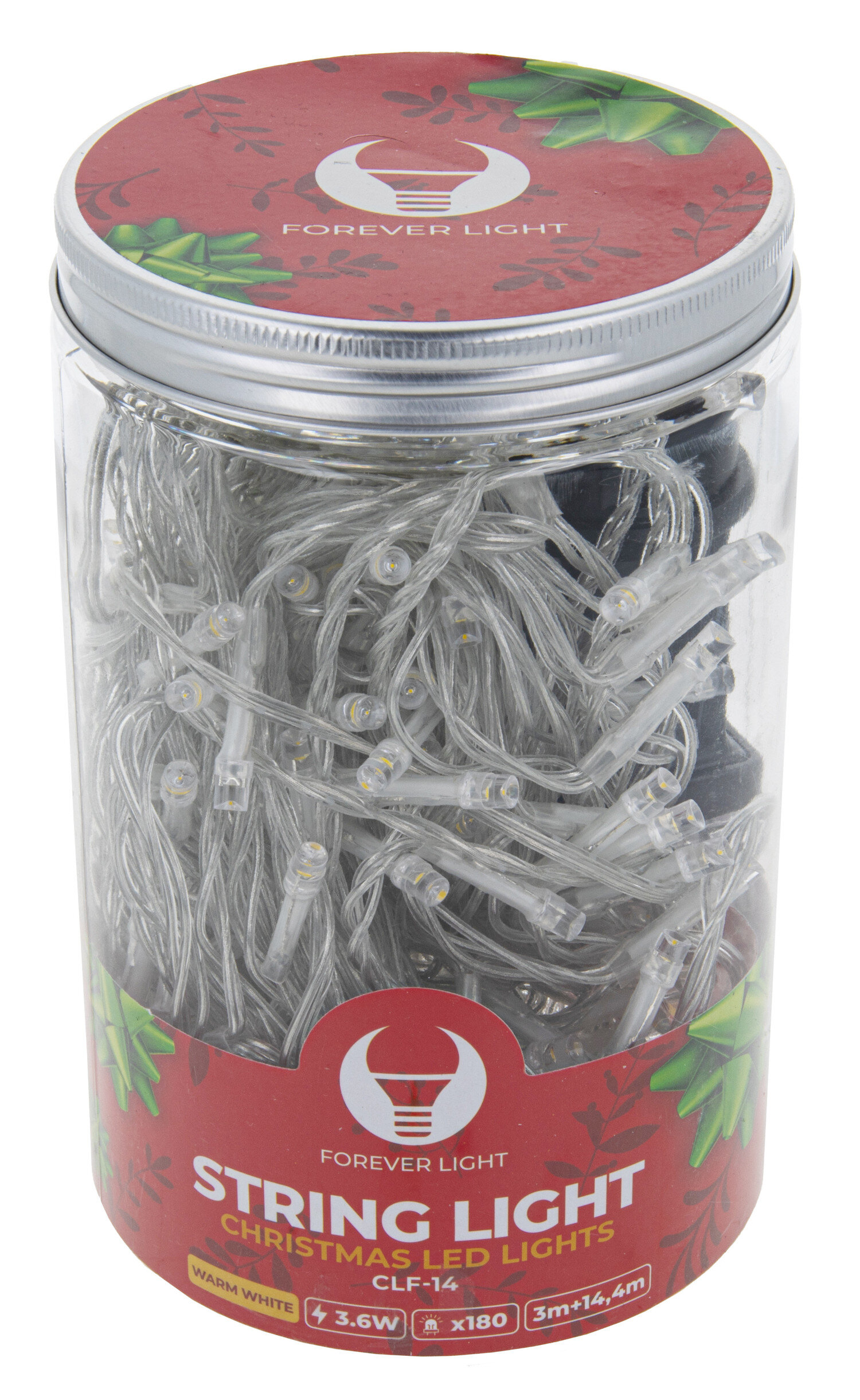 Przezroczysty słoik z łańcuchem choinkowym. Oznaczony jako "Forever Light" i "String Light".