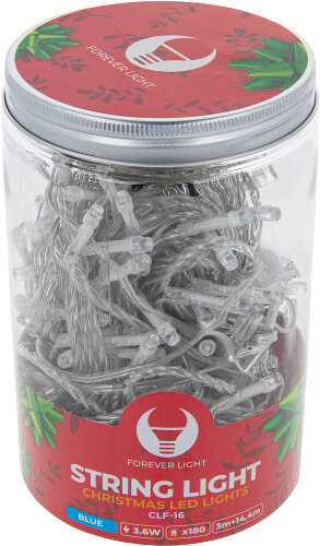 Świąteczne lampki choinkowe w przezroczystym plastikowym słoiku. Światła są niebieskie, a słoik ma czerwoną pokrywę.