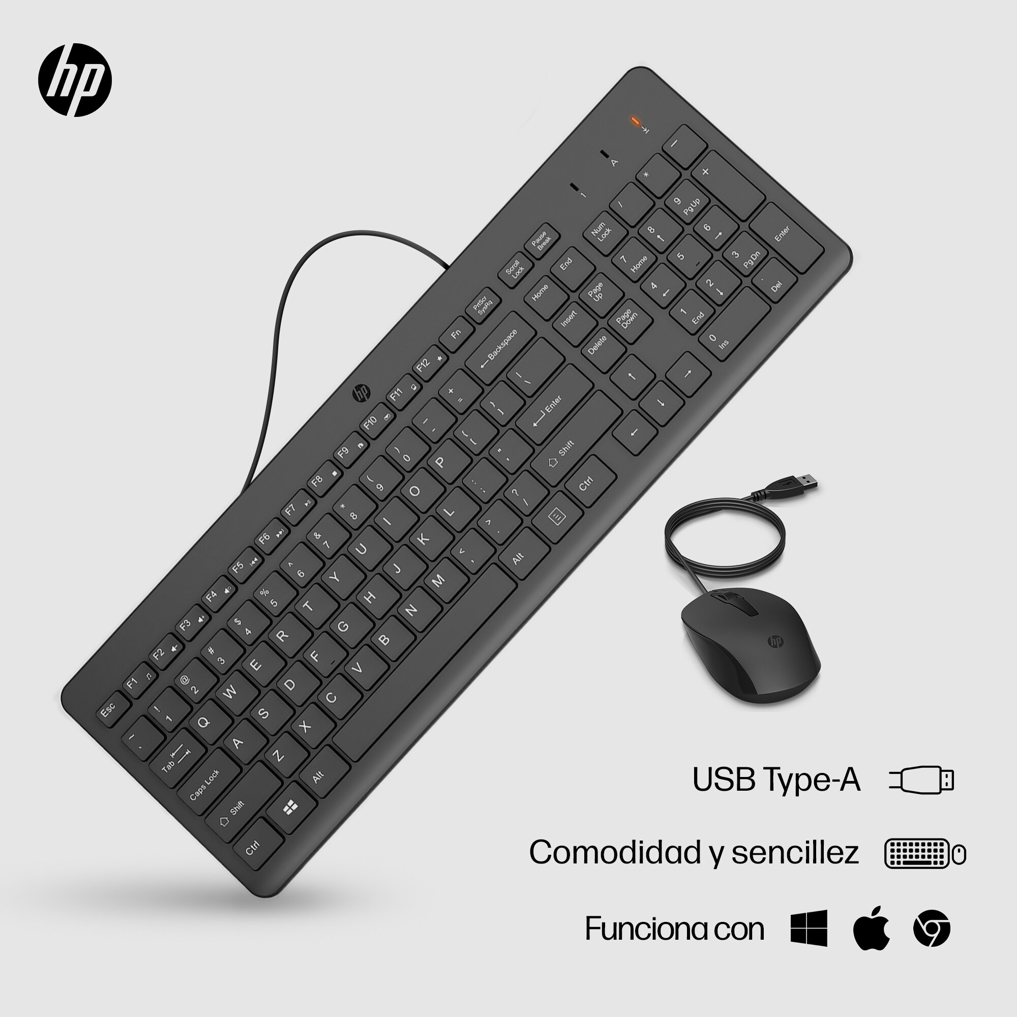 Teclado y ratón HP negros con conector USB sobre fondo gris.