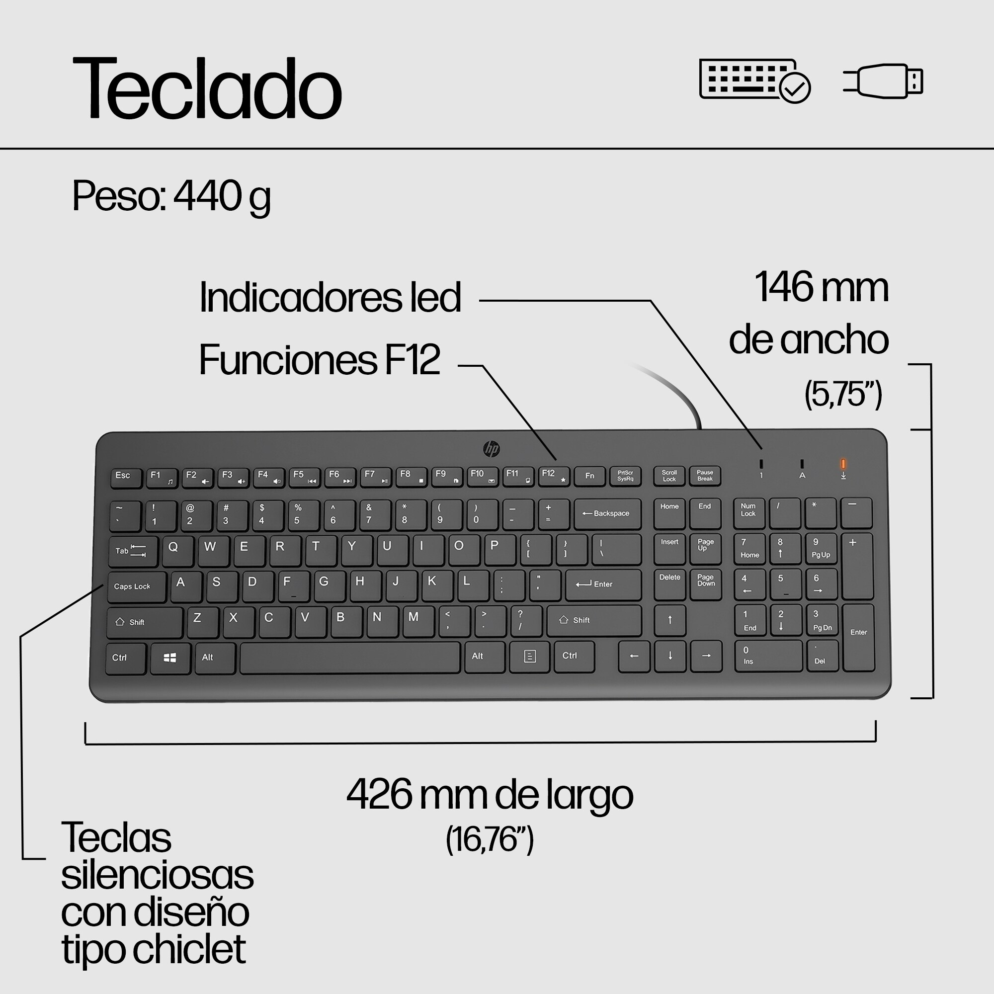 Teclado negro con teclado numérico, etiquetas y dimensiones.