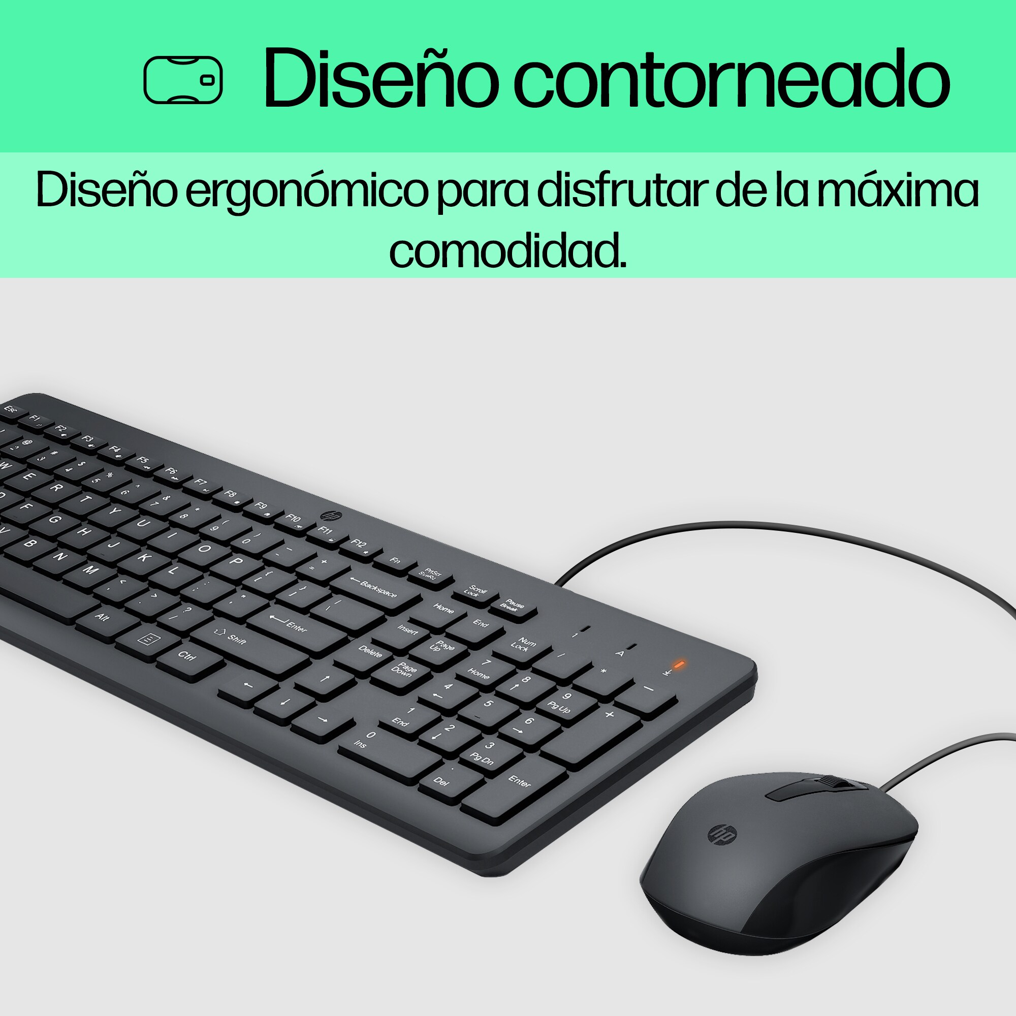 Teclado y ratón negros sobre fondo gris. El texto dice: "Diseño contorneado".