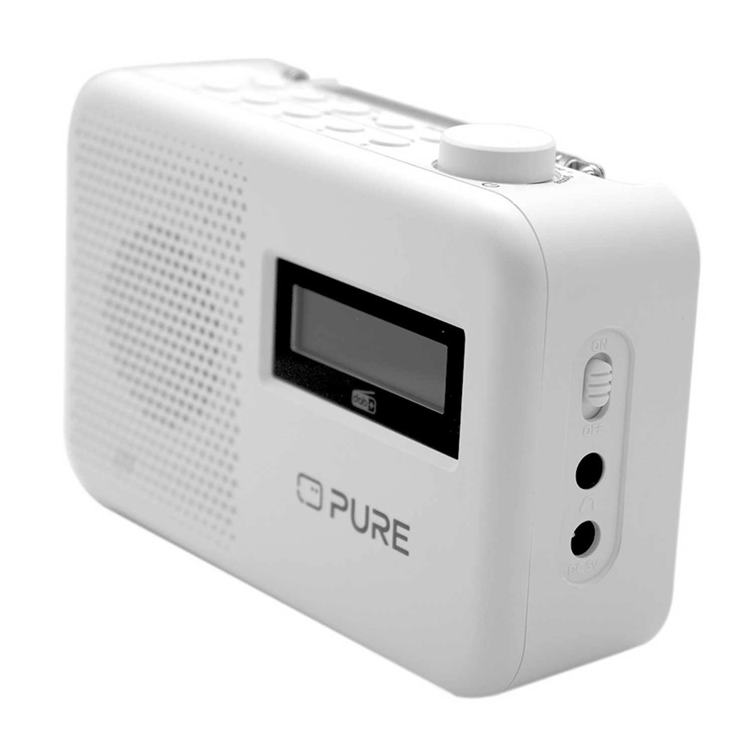 Radio Pure bianca con schermo, pulsanti e altoparlante, con il logo Pure.