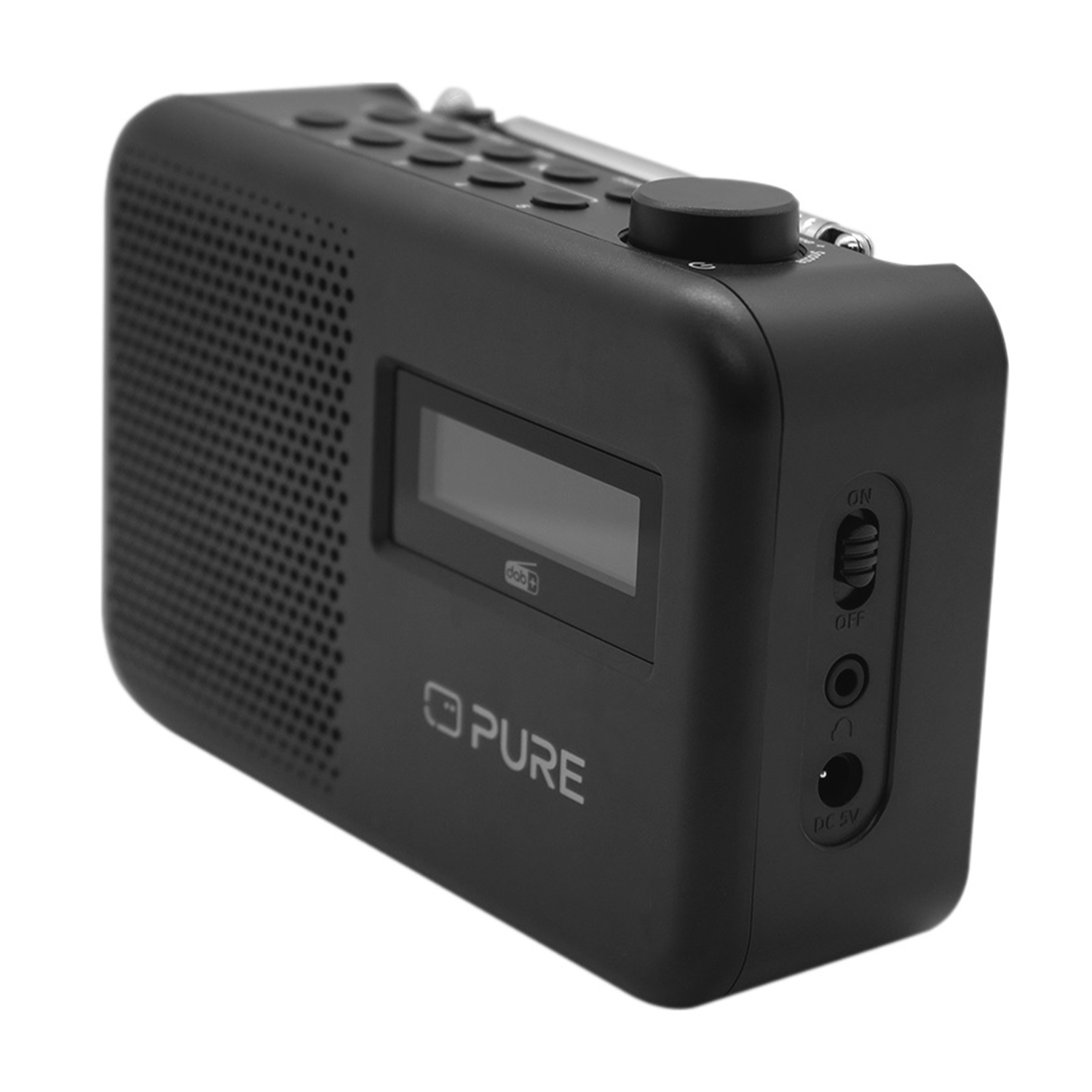 Una radio nera con display e pulsanti. Il marchio 'PURE' è visibile sulla parte anteriore.