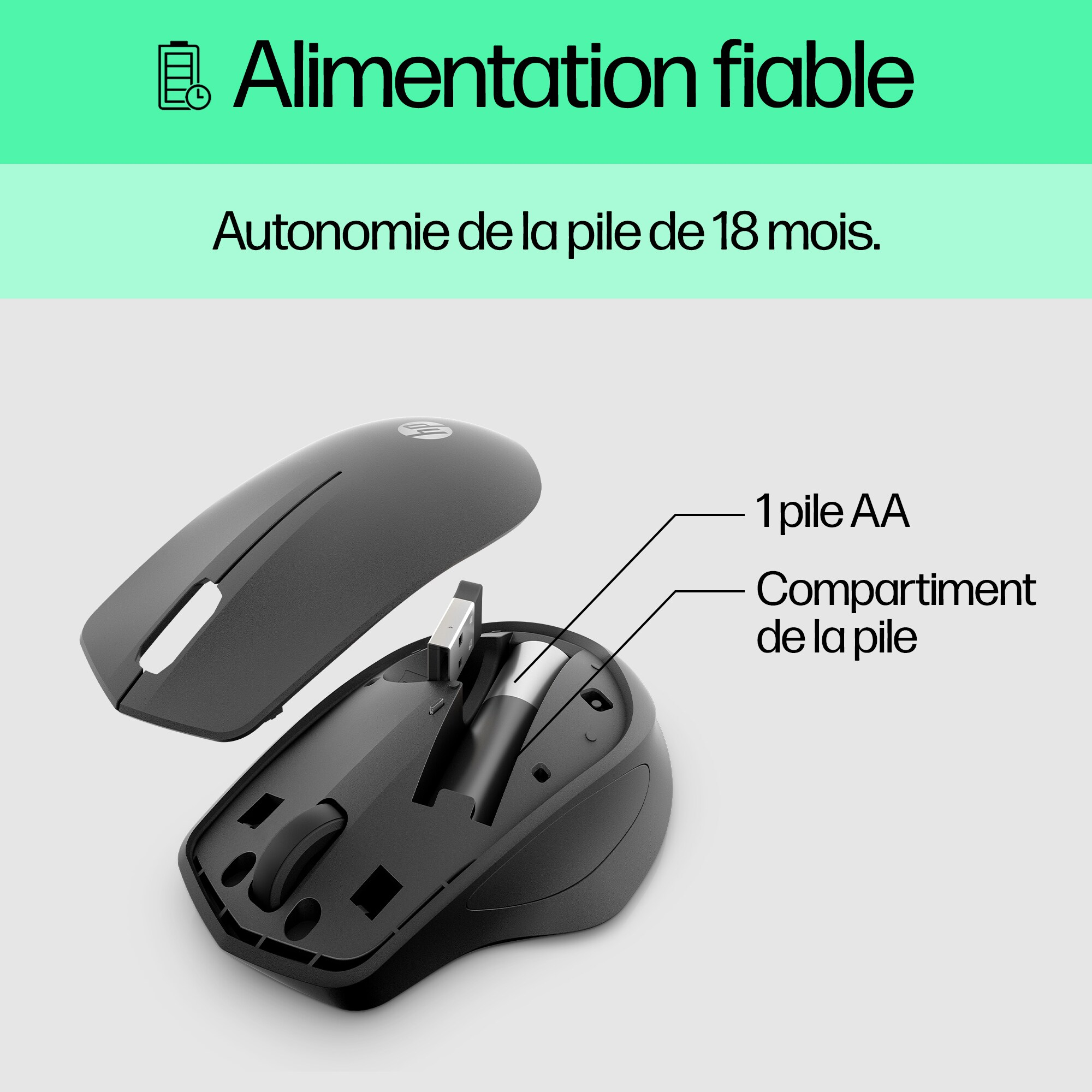 A black HP mouse with the top removed, revealing the battery compartment and a USB receiver.