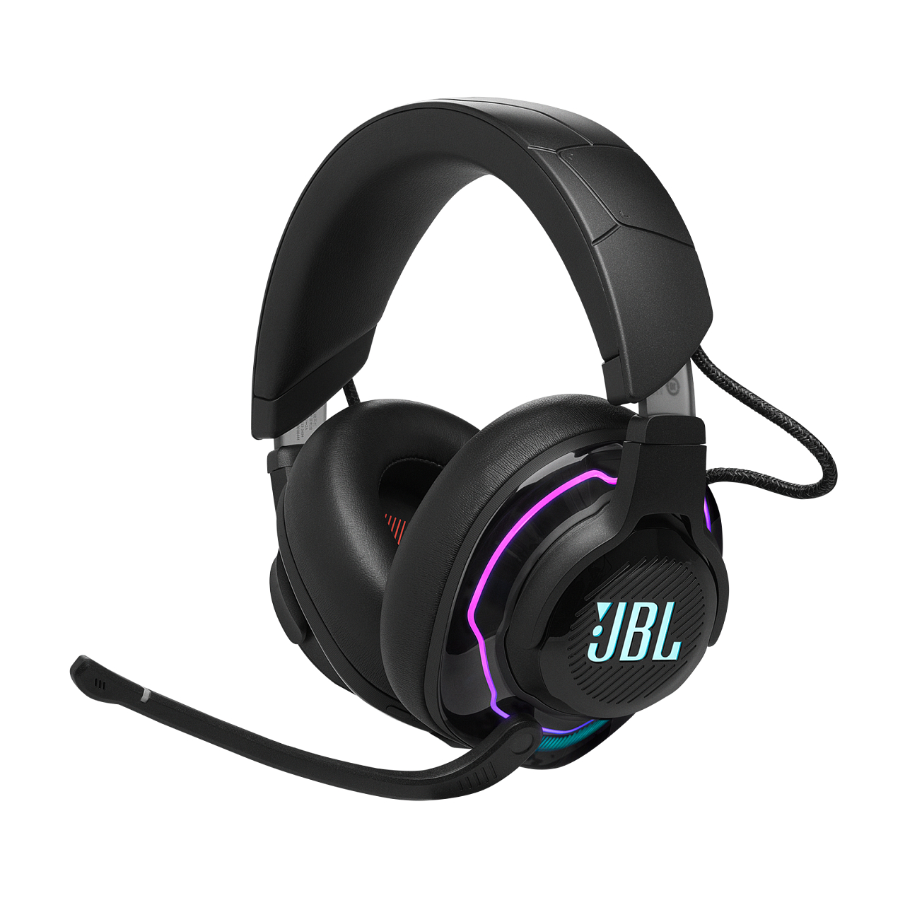 Schwarzes JBL Gaming-Headset mit Mikrofon, JBL-Logo und Lichteffekten.