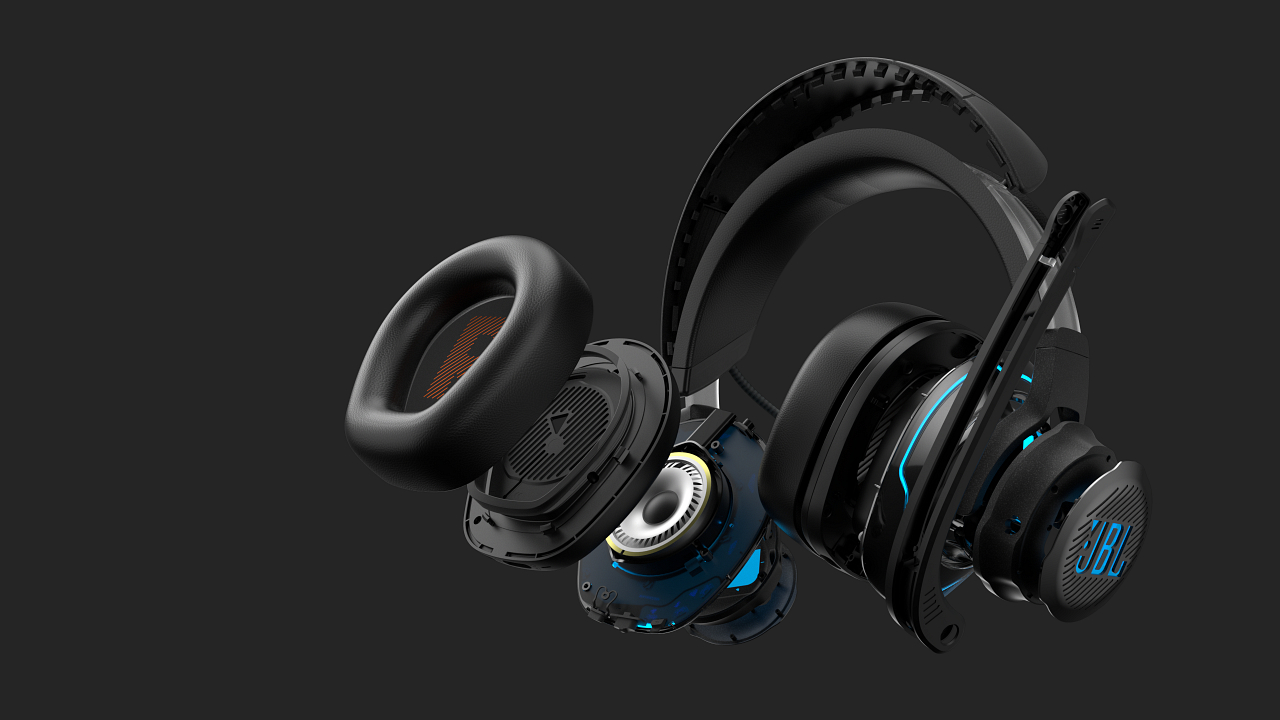 Explosionsansicht schwarzer JBL-Kopfhörer, Teile getrennt, mit blauen Akzenten.