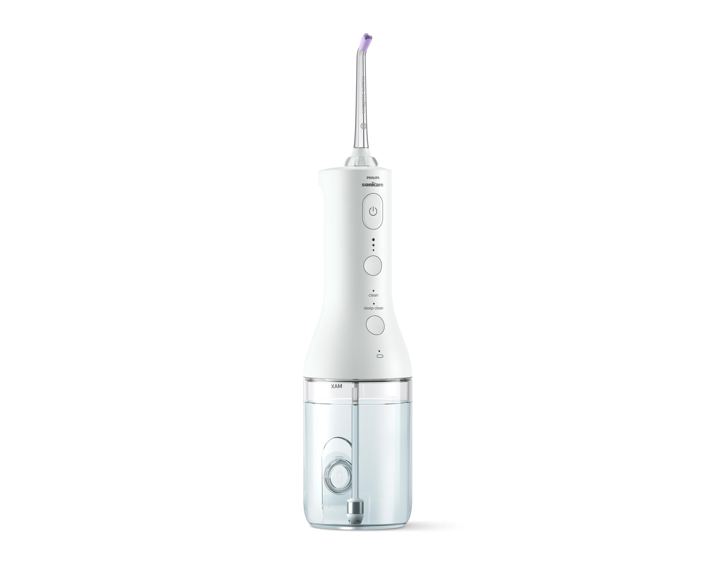 Weißer Philips Sonicare Water Flosser mit durchscheinendem Wasserbehälter.