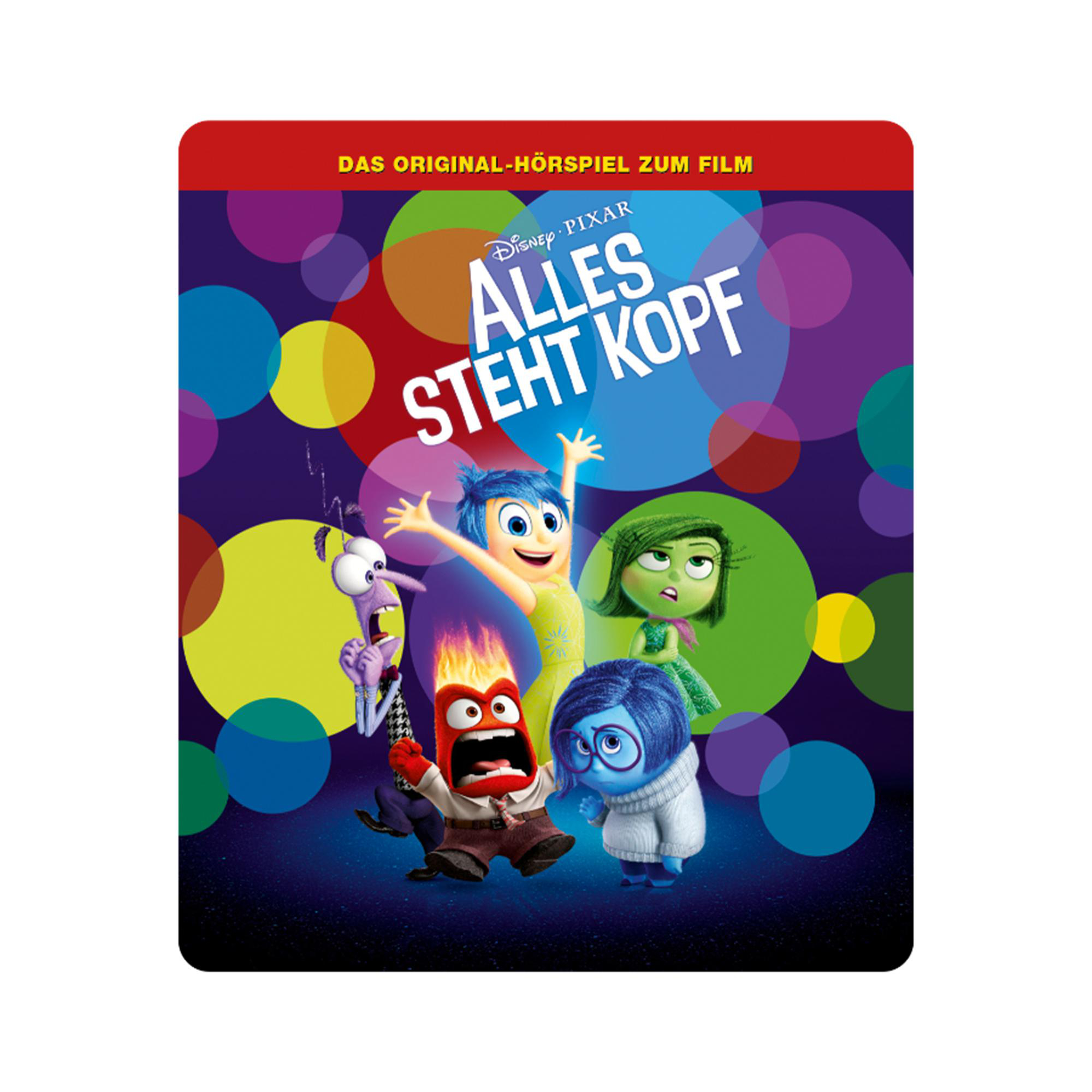 Inside Out Filmcover mit Charakteren vor farbenfrohem Hintergrund. Rotes Banner oben.