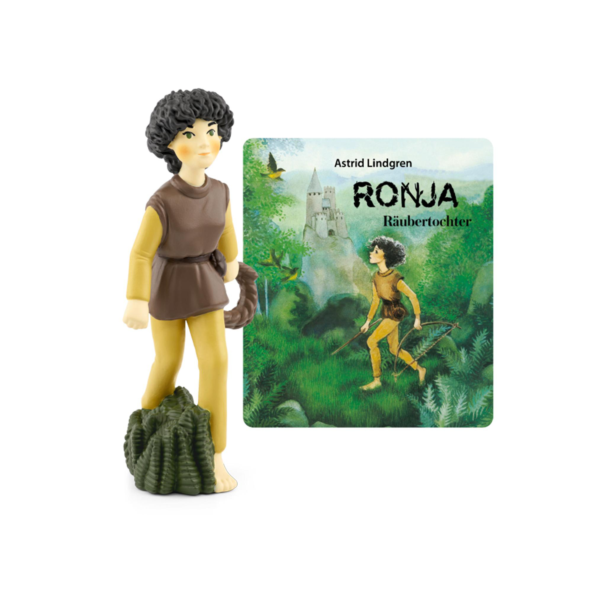 Eine Figur von Ronja Räubertochter und ein Buchcover. Beide zeigen Illustrationen der Figur.