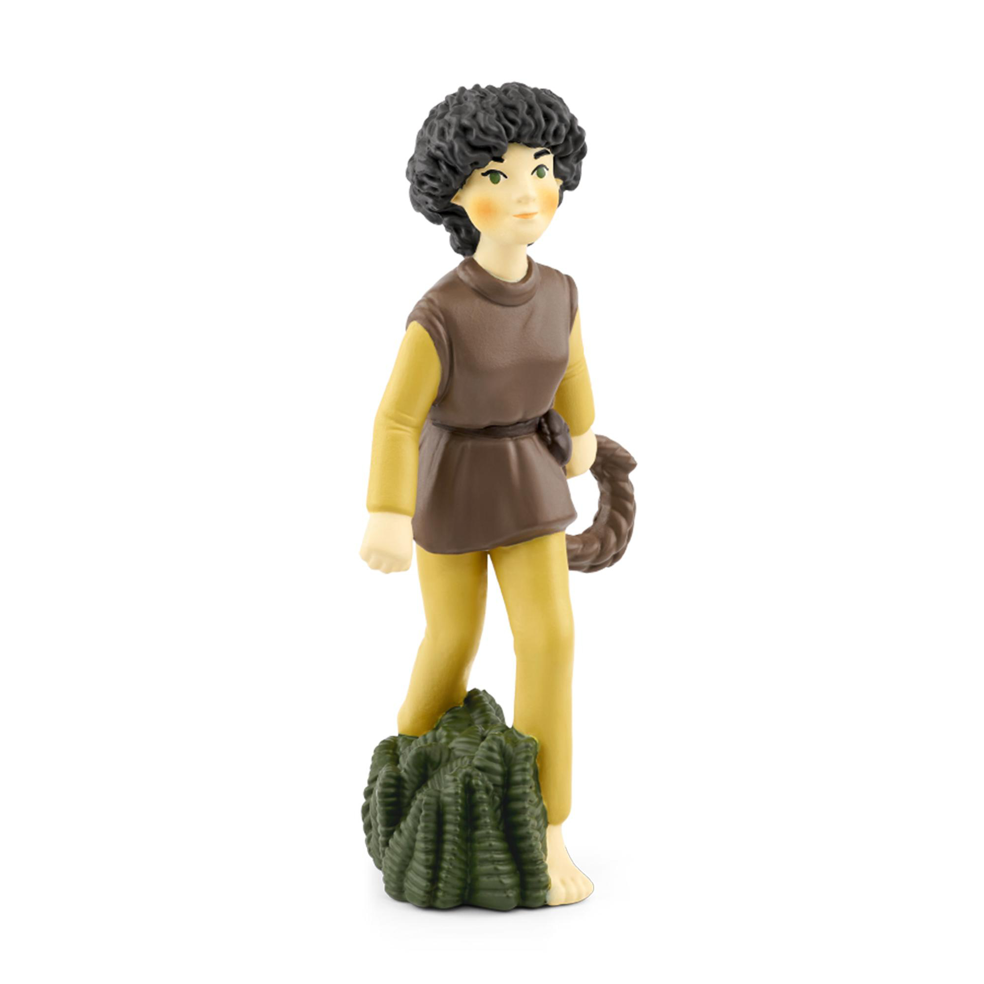 Figur einer Person in brauner und gelber Kleidung, die ein Seil hält und auf grüner Basis steht.