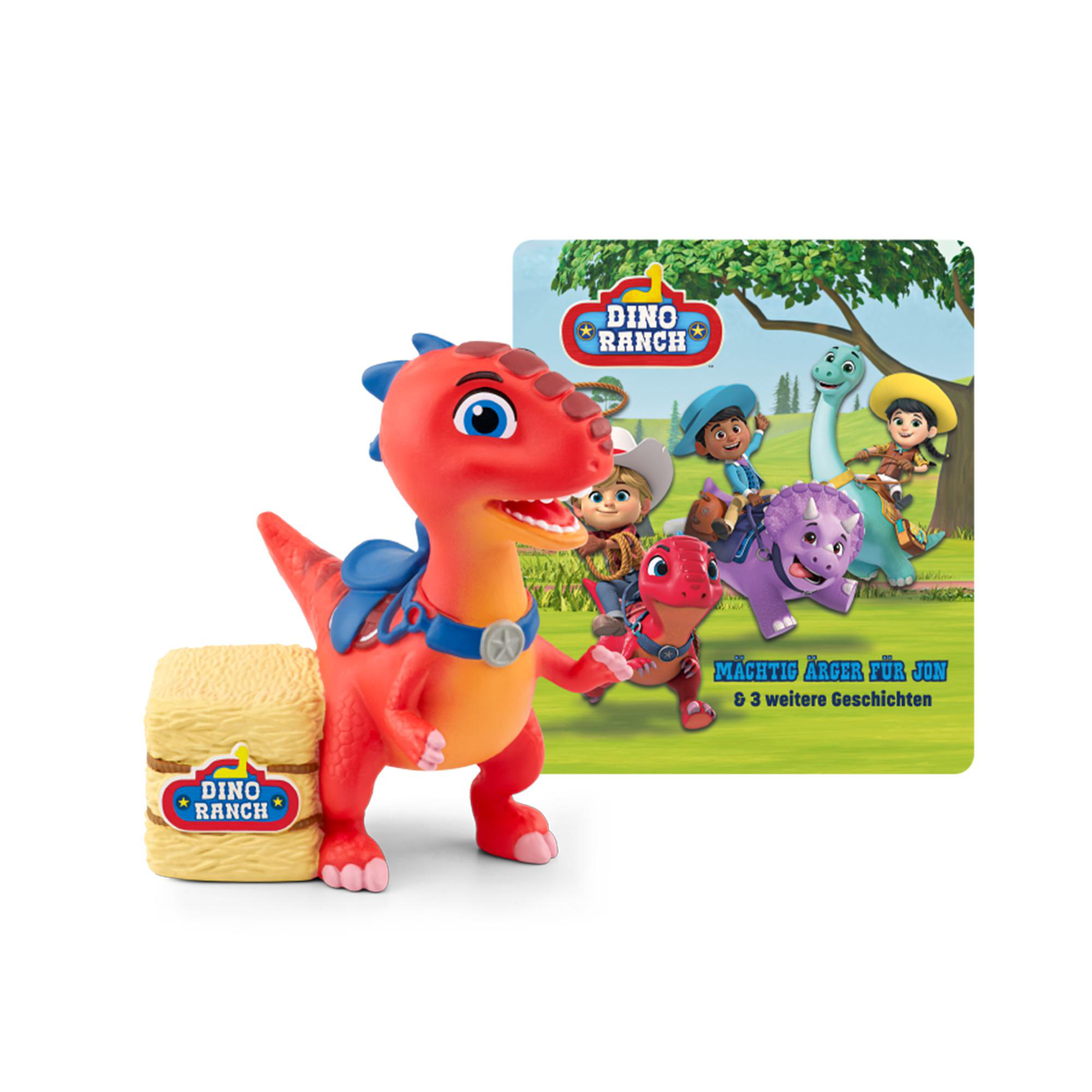Rotes Dinosaurierspielzeug und ein Cartoonbild von Dinosauriern und Cowboys.