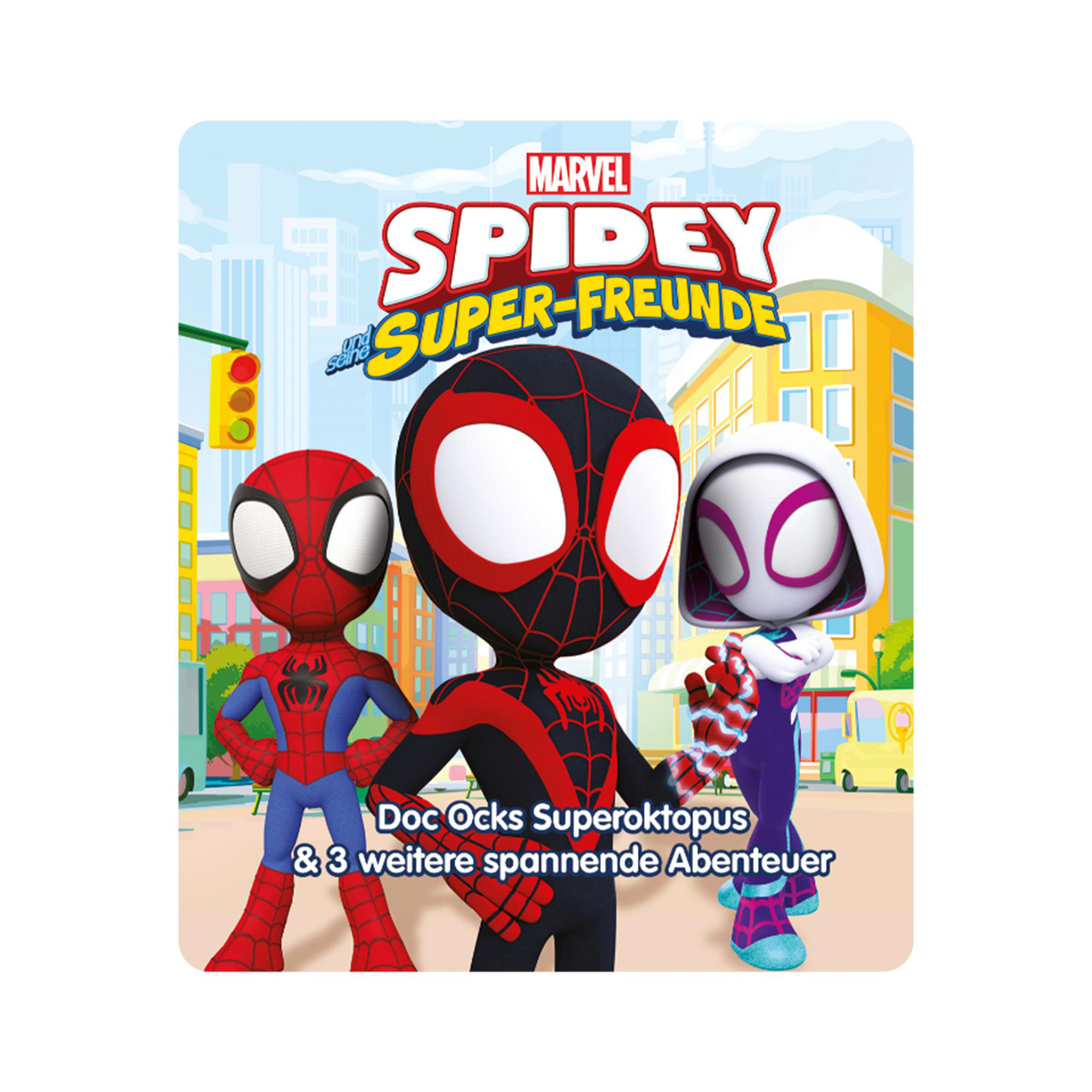 Eine Gruppe von drei Spiderman-Cartoonfiguren auf buntem Hintergrund.