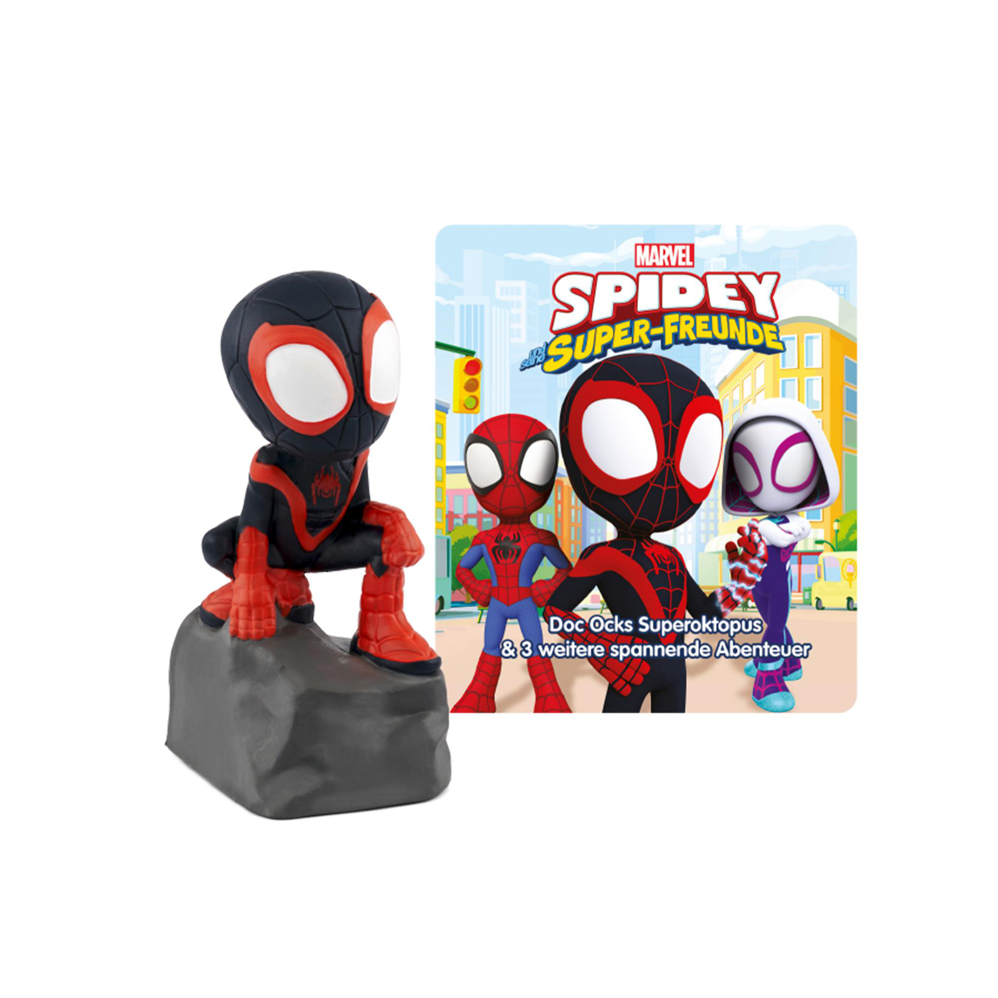 Spidey und seine Super Freunde Spielzeug und Buch. Das Spielzeug ist eine Miles Morales Figur.