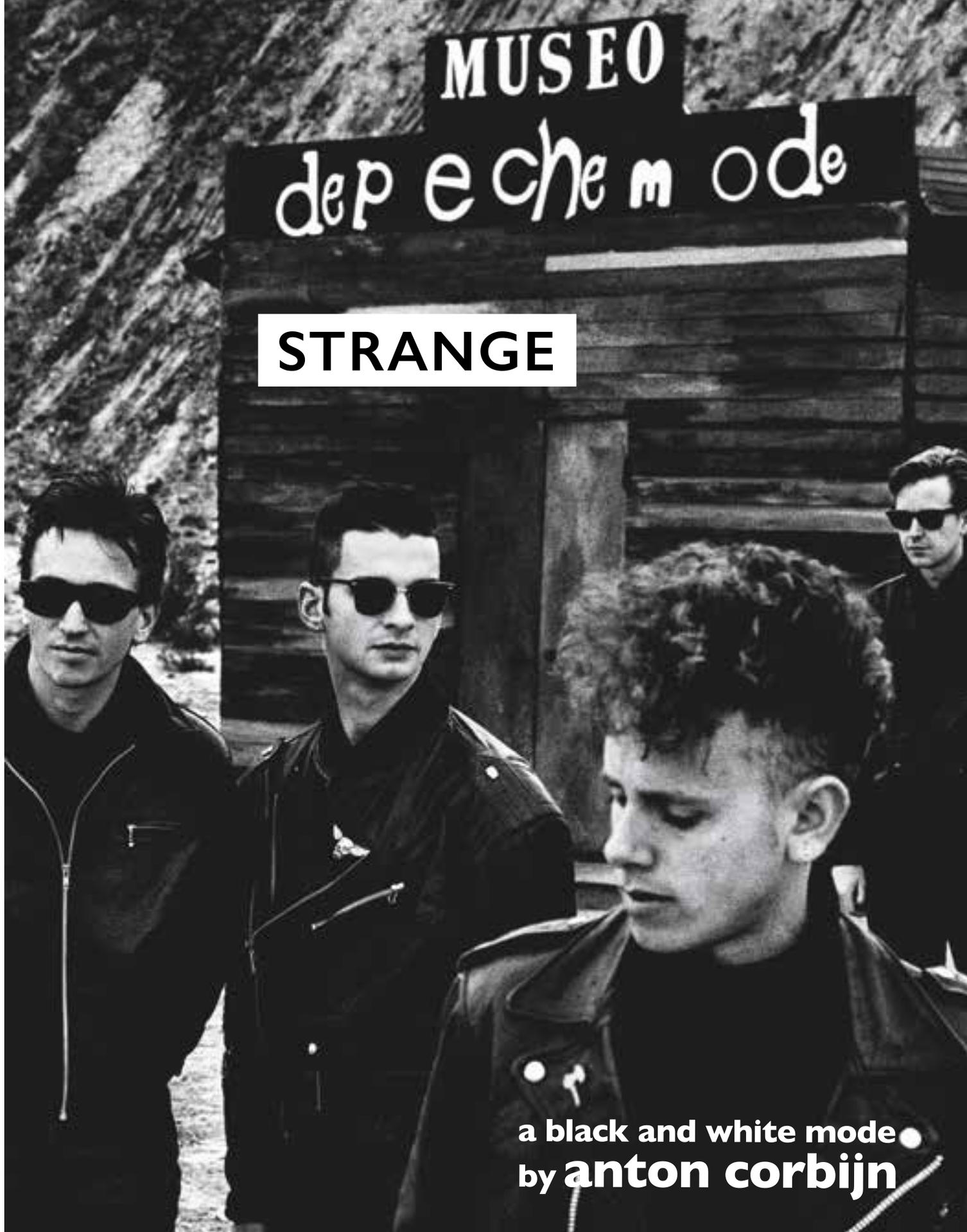 Zwart-wit Depeche Mode poster met bandleden, het woord 'Strange' en 'Anton Corbijn'.