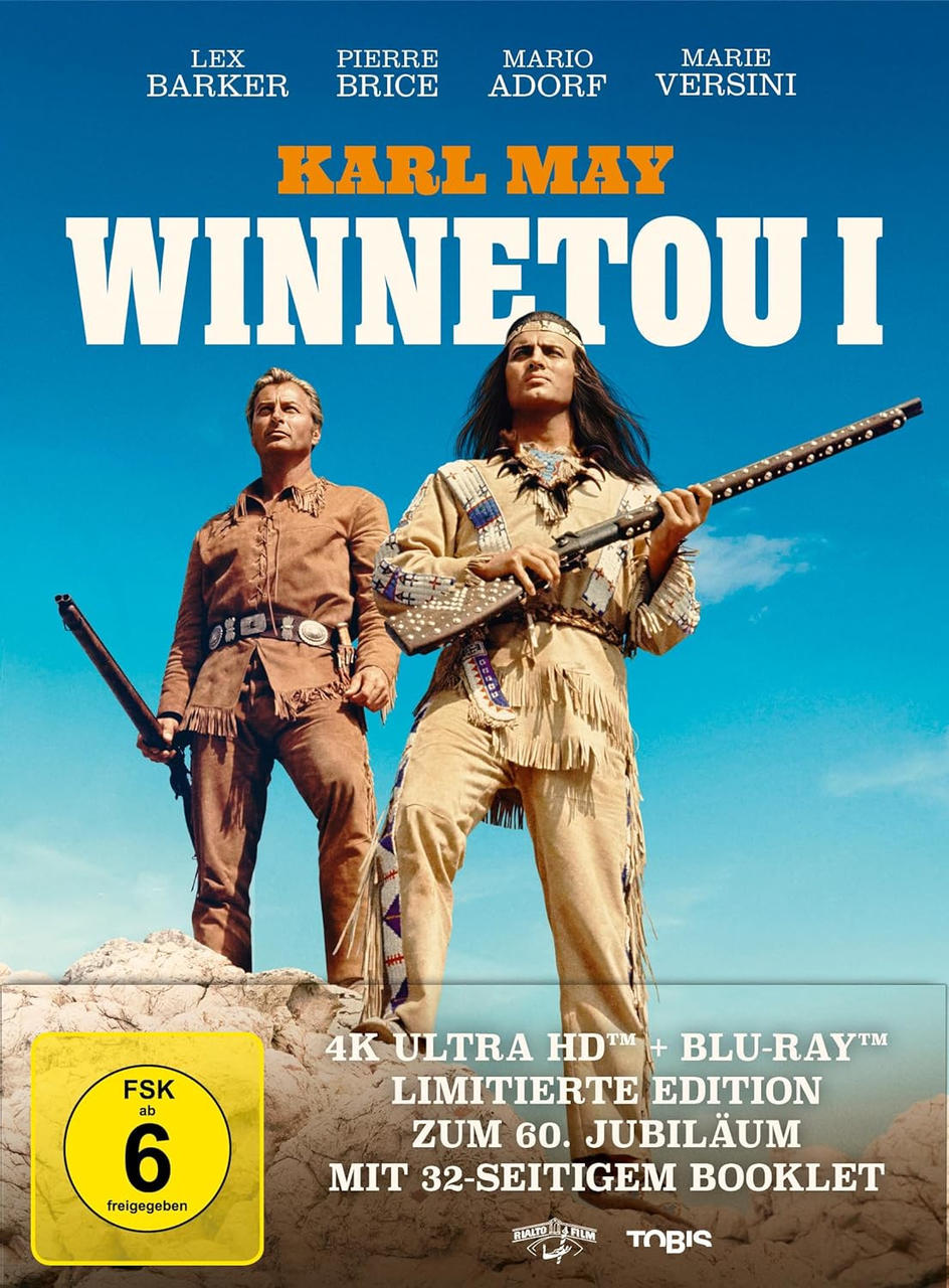 Filmcover: Winnetou I, mit Schauspielern in Westernkleidung und blauem Himmel im Hintergrund. Text: Karl May.