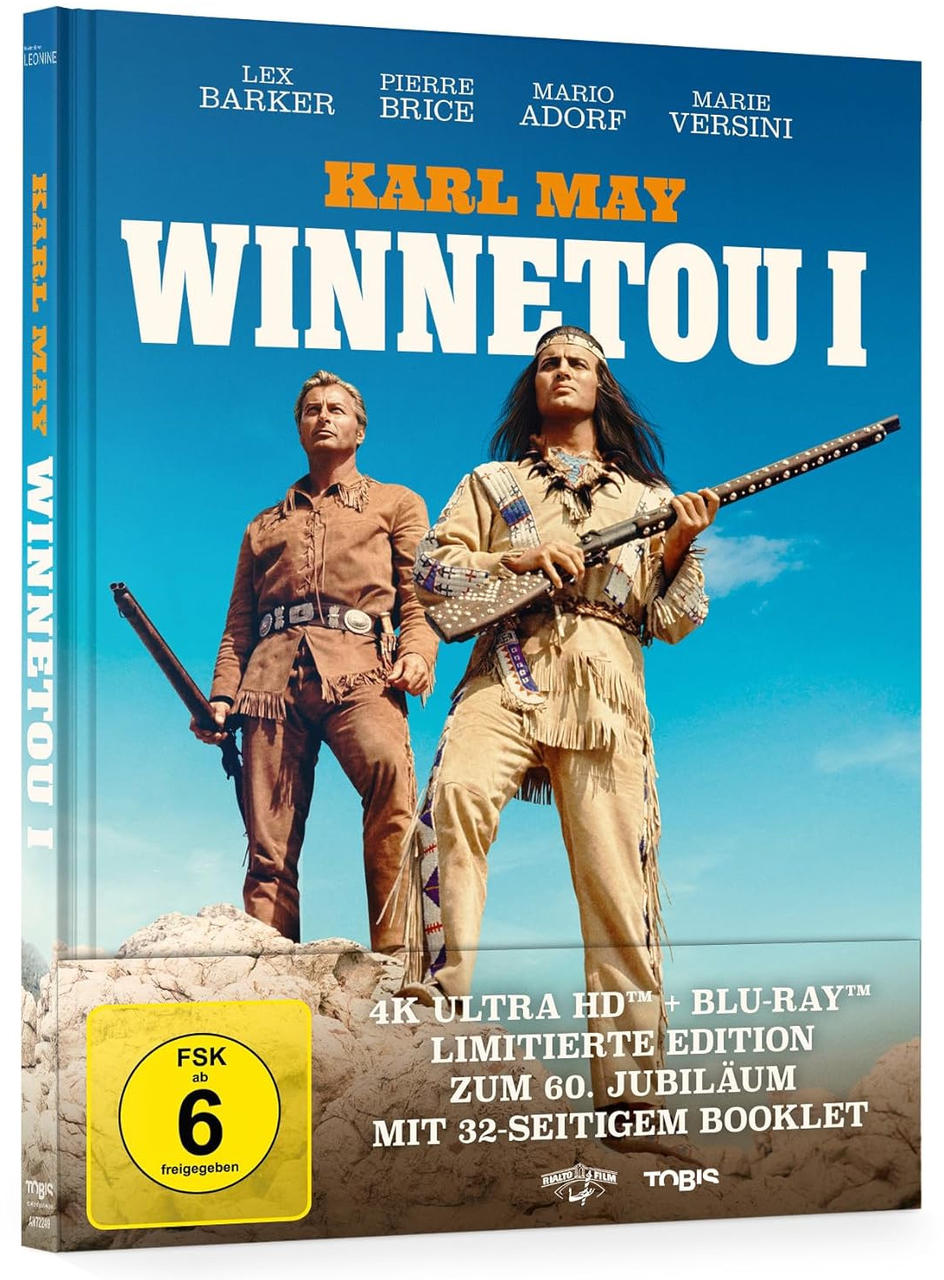 Cover des Films Winnetou I. Zwei Männer in Kostümen stehen auf einem Felsen, Himmel im Hintergrund.